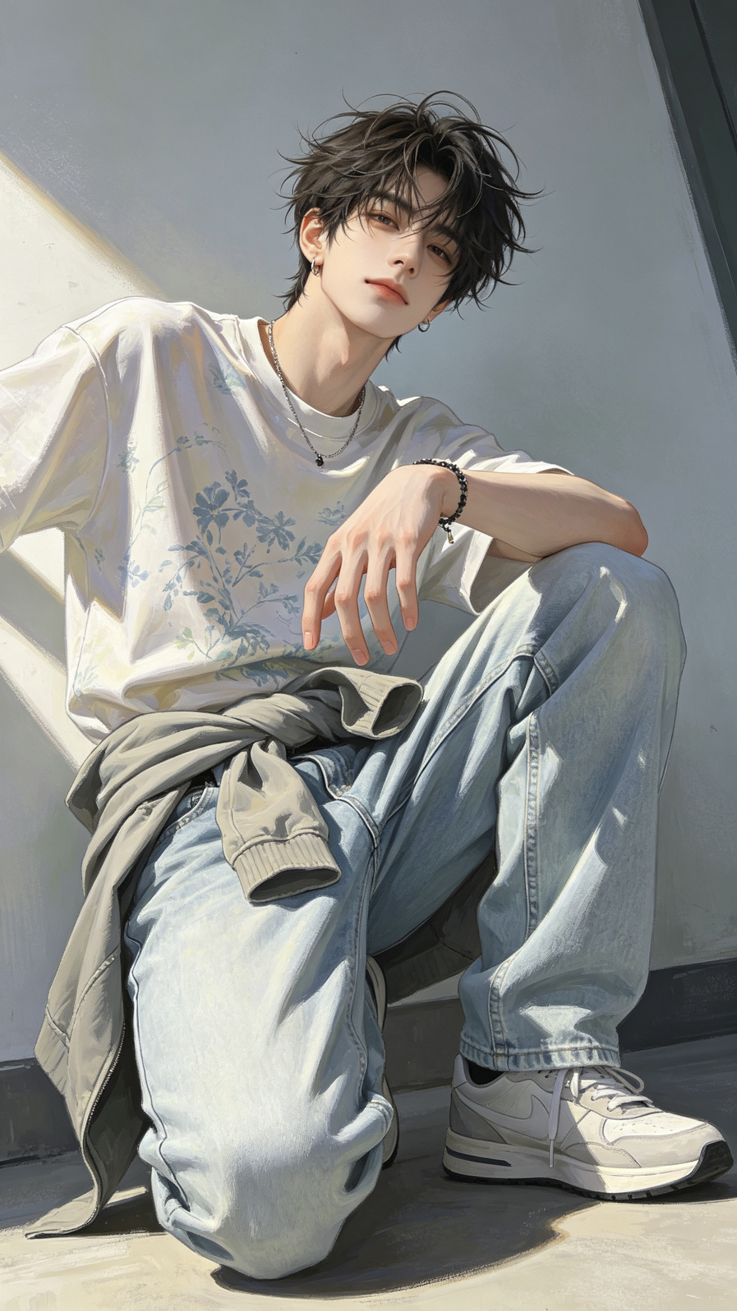 一个美男子，凌乱发丝，冷白皮，肌肤细腻，淡色印花上衣，浅色宽松牛仔裤，腰上绑着一件外套，简单饰品，运动鞋，单手撑地，由下往上仰拍角度，以动态日常快照的形式呈现，采用3D厚涂，CG建模风格，绘制出如同插画般写实且富有故事… - AI提示词参考图，来自西西提示词