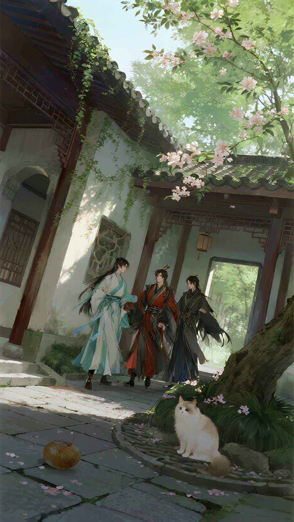 古风摄影风格，超写实古风唯美意境， ，极繁主义，神秘感，，柔美氛围感，唯美治愈，背景随机茂盛的夹竹桃花在灰色石砖的四合小院里，小院有几间讲究的平房，房门口有茂盛翠绿的藤蔓，夹杂着小花，一颗种在地上的榕树 ，布偶猫，三男… - AI提示词参考图，来自西西提示词