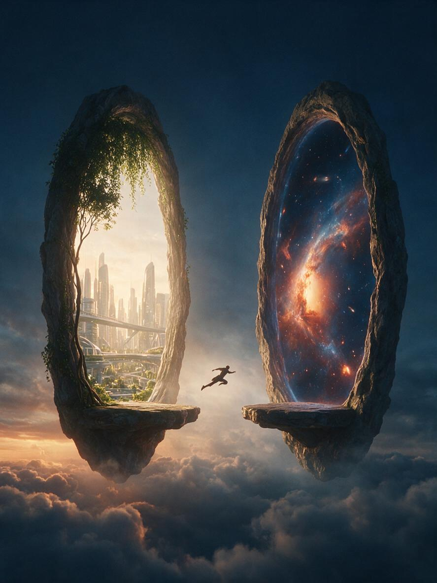 竖构图3:4，写实电影概念艺术。 云端高空，两座巨型传送门左右分立，间距宽阔，传送门体量巨大，人物在其下极度渺小，大小对比悬殊。下方云海仅占底部约四分之一，上方冷调深蓝天空辽阔。镜头轻微仰角广角。 外部环境昏暗深沉，天… - AI提示词参考图，来自西西提示词
