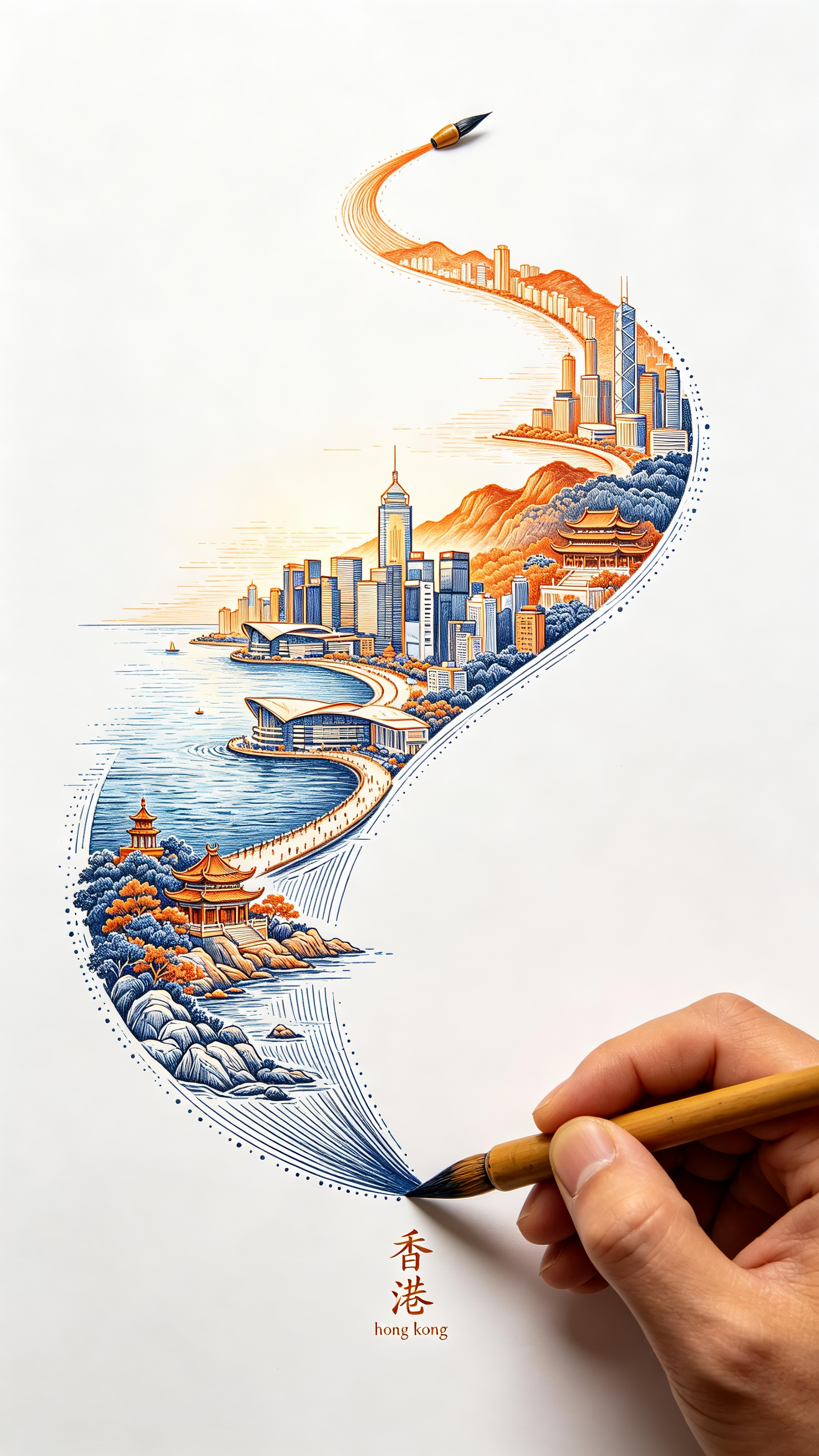 一支正在绘画的毛笔，描摹出一条由左下到右上的笔迹曲线，笔迹里是微观的香港地标性景观，维多利亚港碧波荡漾，从太平山顶到中银大厦到星光大道，九龙与新界交汇，南丫岛、黄大仙祠、大屿山生态风光，东方之珠与晨光笼罩香江的静谧感，… - AI提示词参考图，来自西西提示词