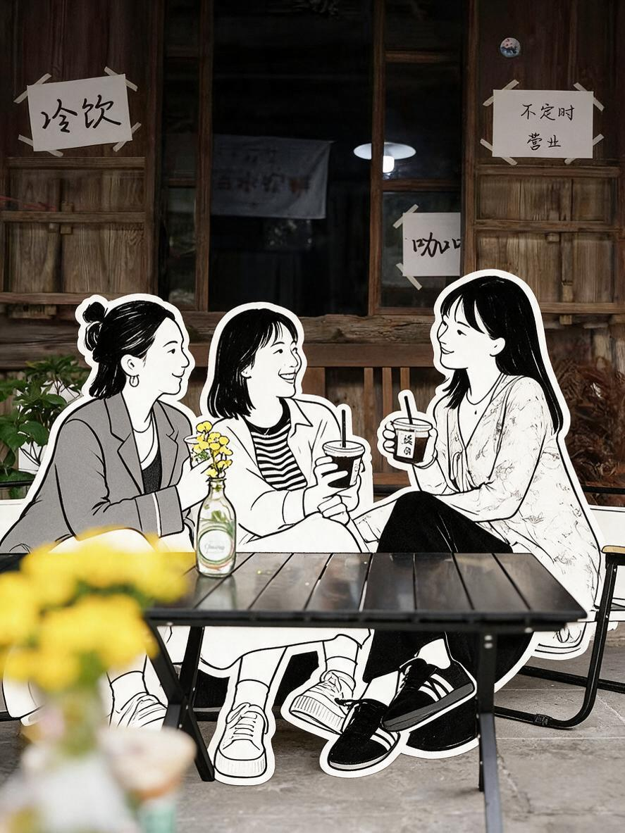 ##完整保留原始实拍场景，画面构图、建筑环境、自然光影、真实色彩及材质纹理均保持不变，仅将画面前景三个主体人物转换为极简线描手账贴纸。人物使用略粗的纯黑轮廓线和少量实心黑色色块塑造结构与阴影，严格采用黑白双色，不使用灰… - AI提示词参考图，来自西西提示词