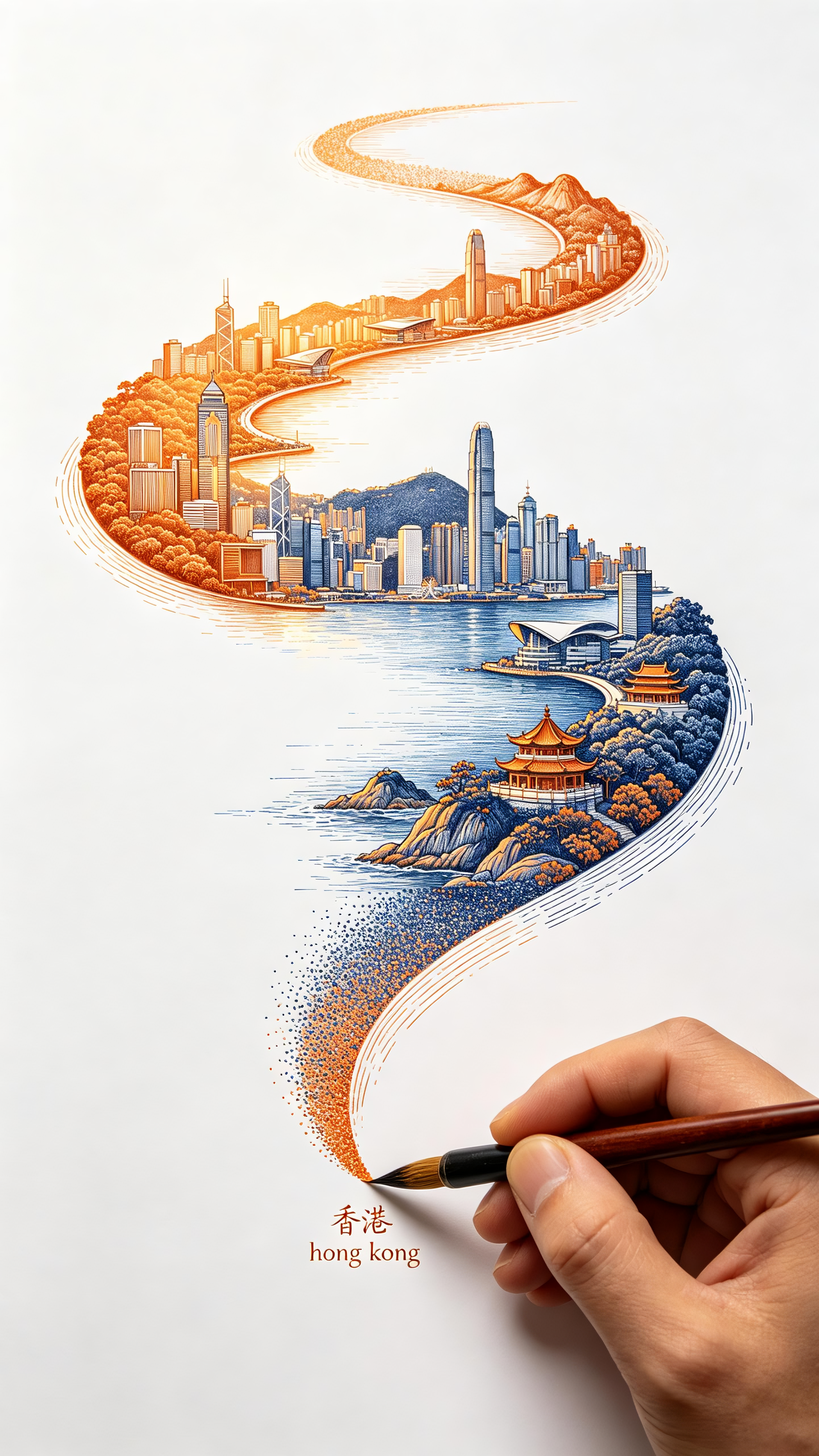 一支正在绘画的毛笔，描摹出一条由左下到右上的笔迹曲线，笔迹里是微观的香港地标性景观，维多利亚港碧波荡漾，从太平山顶到中银大厦到星光大道，九龙与新界交汇，南丫岛、黄大仙祠、大屿山生态风光，东方之珠与晨光笼罩香江的静谧感，… - AI提示词参考图，来自西西提示词