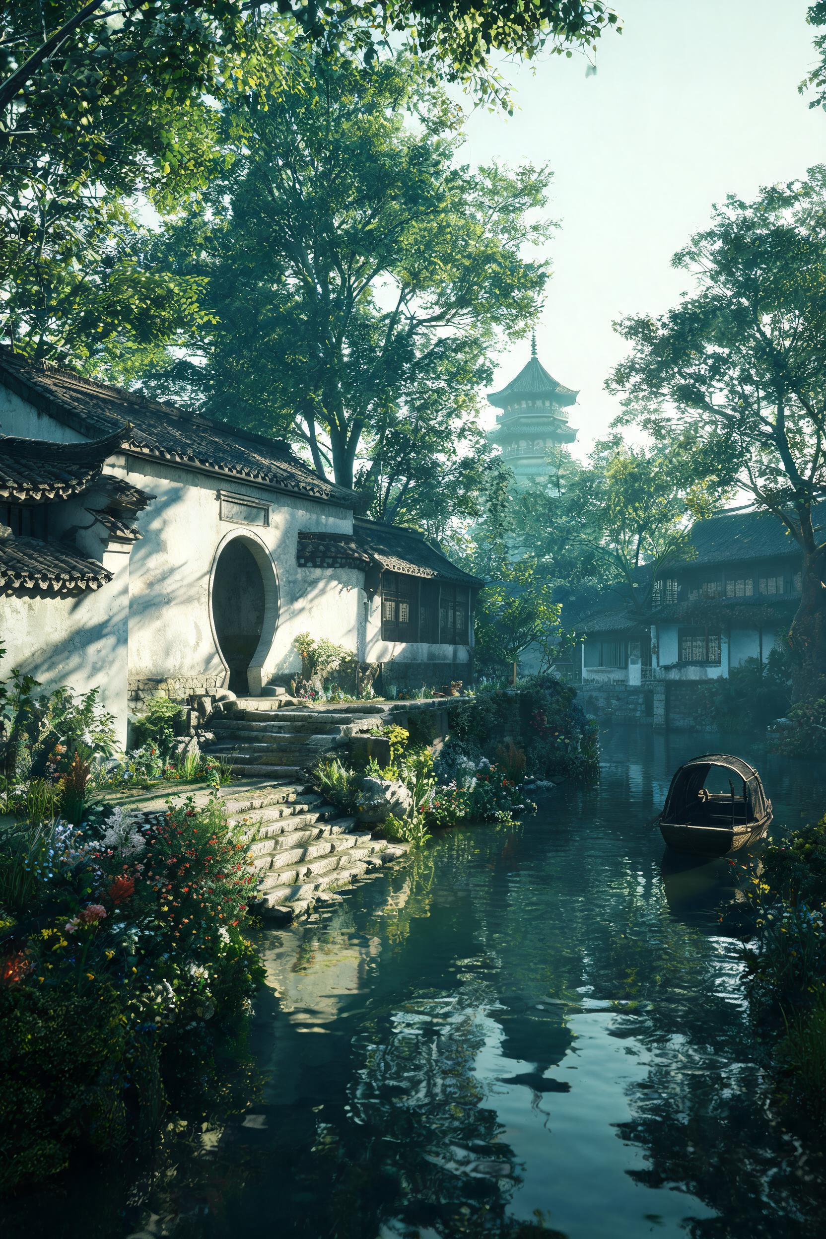 古代，电影级画面，UE5引擎，超写实电影画质，8K超清，江南水乡景致，临水中式古院落，黛瓦，月亮拱门，石阶沿河水铺开，岸边花草繁茂，清澈河面，水面倒影；右下角乌篷船，远处多层古塔，参天绿树，清晨柔和日光，斑驳树影，环境… - AI提示词参考图，来自西西提示词