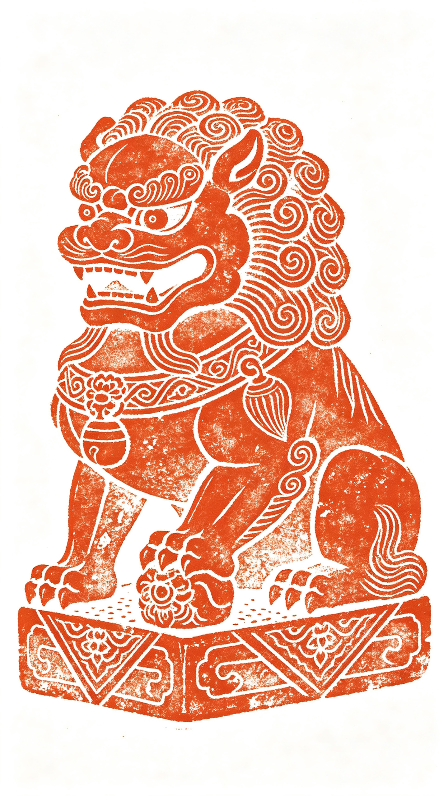 拓印插画，平面的民间艺术，石狮的拓印画，有独特美观的花纹装饰，极具拓印特色，以简洁的白色背景衬托。 - AI提示词参考图，来自西西提示词