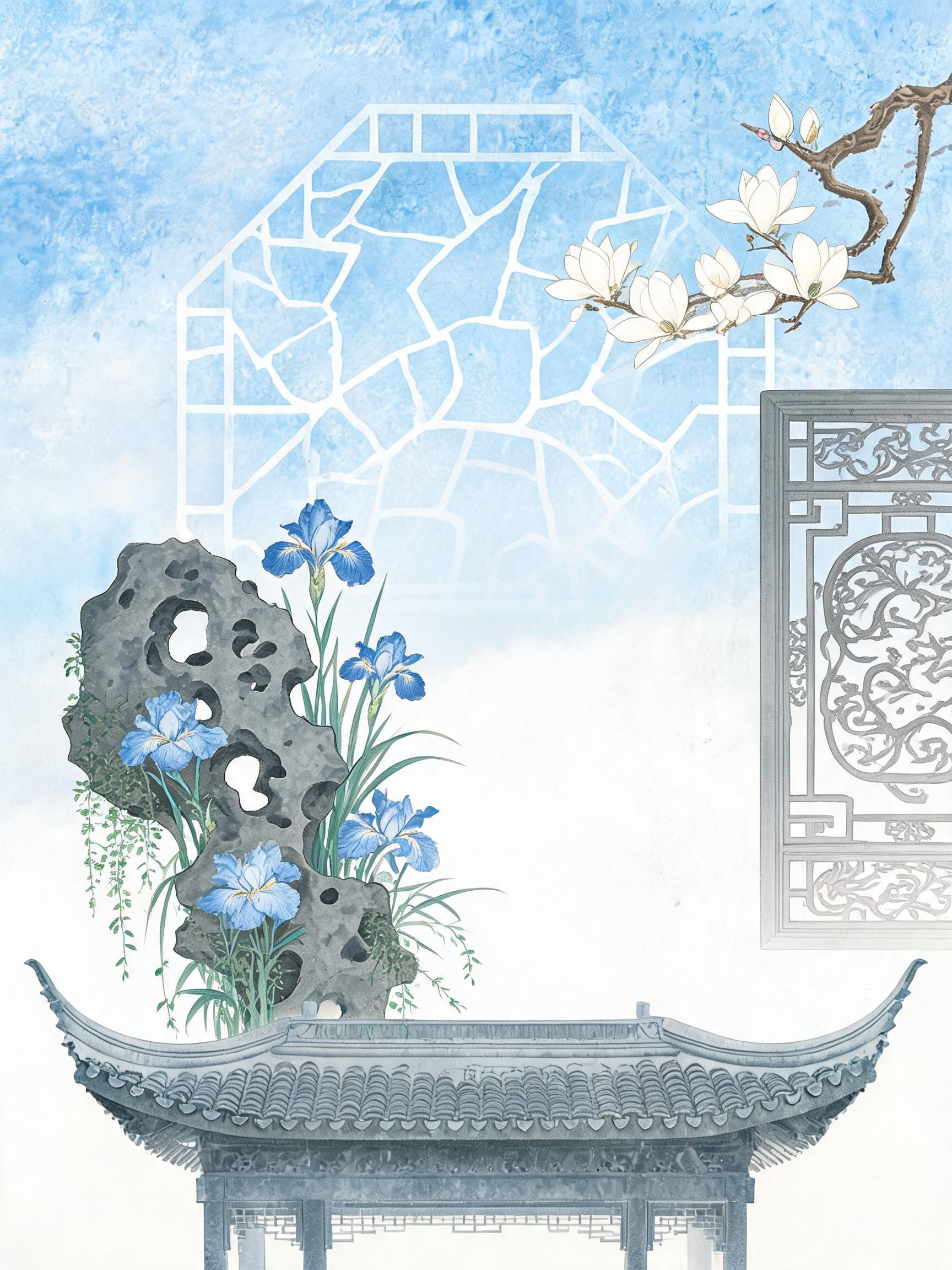 平面插画，海报设计，高级感排版，新中式美学，中国当代艺术风格，新中式宋代主题，国风美学，高饱和渐变背景，超现实，从太湖石中长出许多花卉，细长枝叶，花朵有明显的大小变化，背景中间有宋代窗花样式，画面右上方有些树枝与花朵插… - AI提示词参考图，来自西西提示词