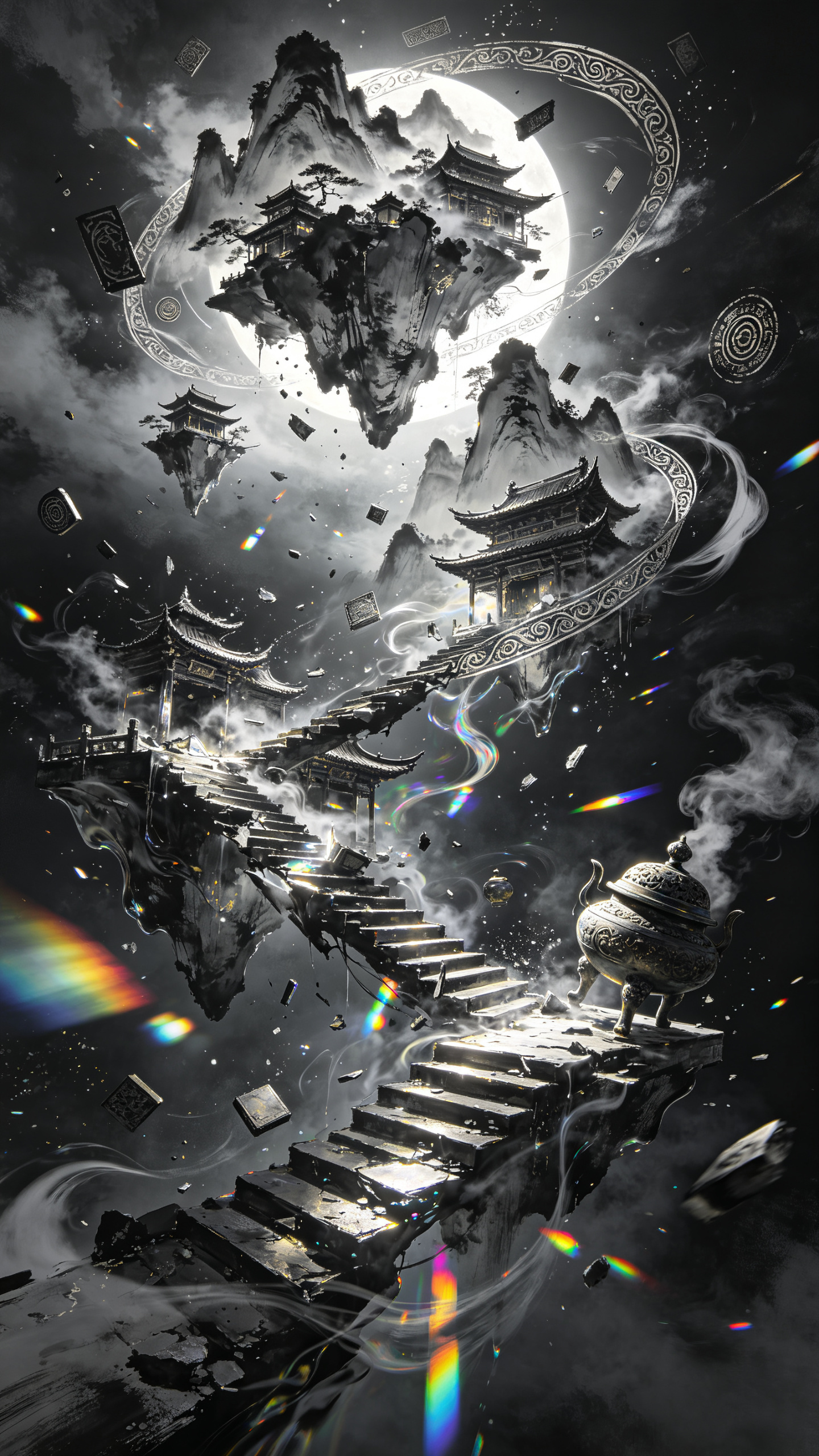 帮我生成图片：竖版画面，低角度仰视构图，一个暗黑逆向颠倒的超古风世界，无数建筑碎片、水墨山峦、漂浮符纹、断裂楼梯、镜面空间、液态阴影与古老器物相互交织，画面充盈几乎没有留白，万物密集但层次清晰，像七维时空中沉沦者穿过流… - AI提示词参考图，来自西西提示词