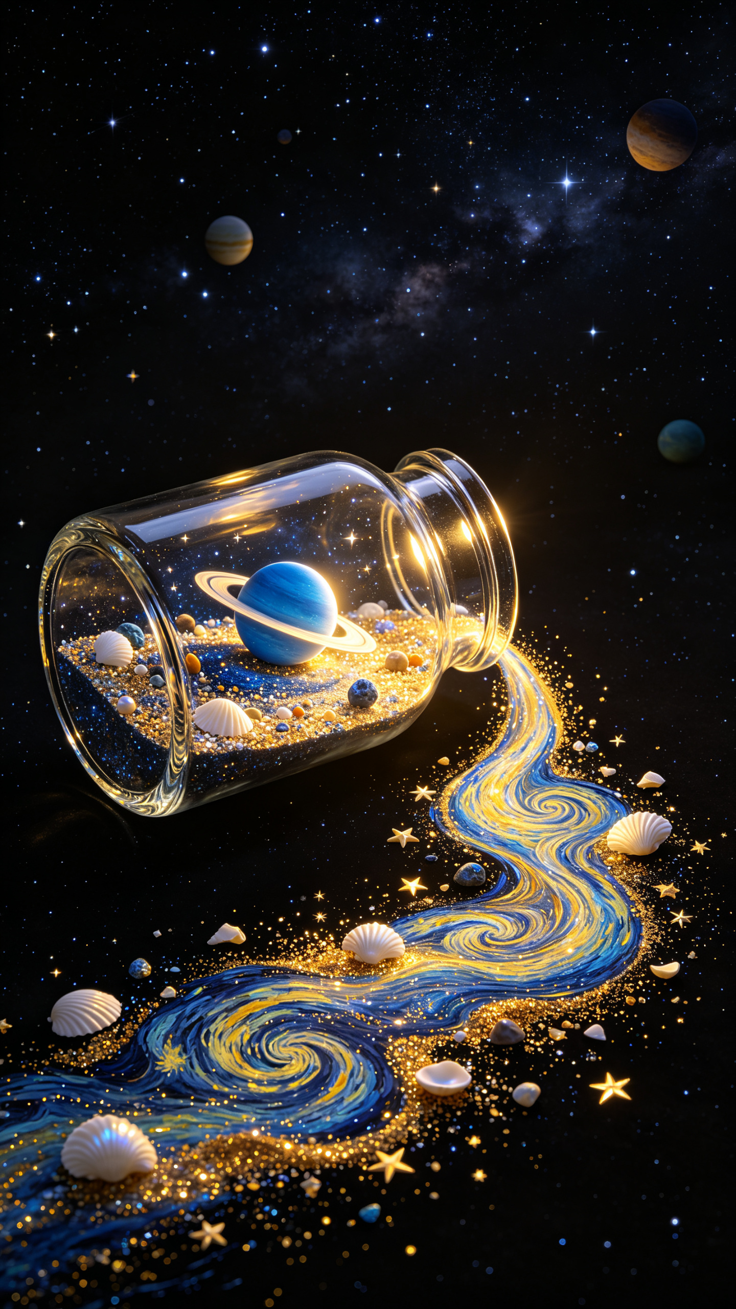 宇宙概念艺术。一只透明玻璃瓶横卧于纯黑宇宙背景中，瓶身位于画面左中区域，瓶身水晶般通透，玻璃表面折射内部光芒。 瓶内盛有微型宇宙：一颗蓝色行星带光环悬浮于瓶身中央，光环倾斜呈椭圆；周围散布细碎星尘与色泽各异的小行星，洁… - AI提示词参考图，来自西西提示词