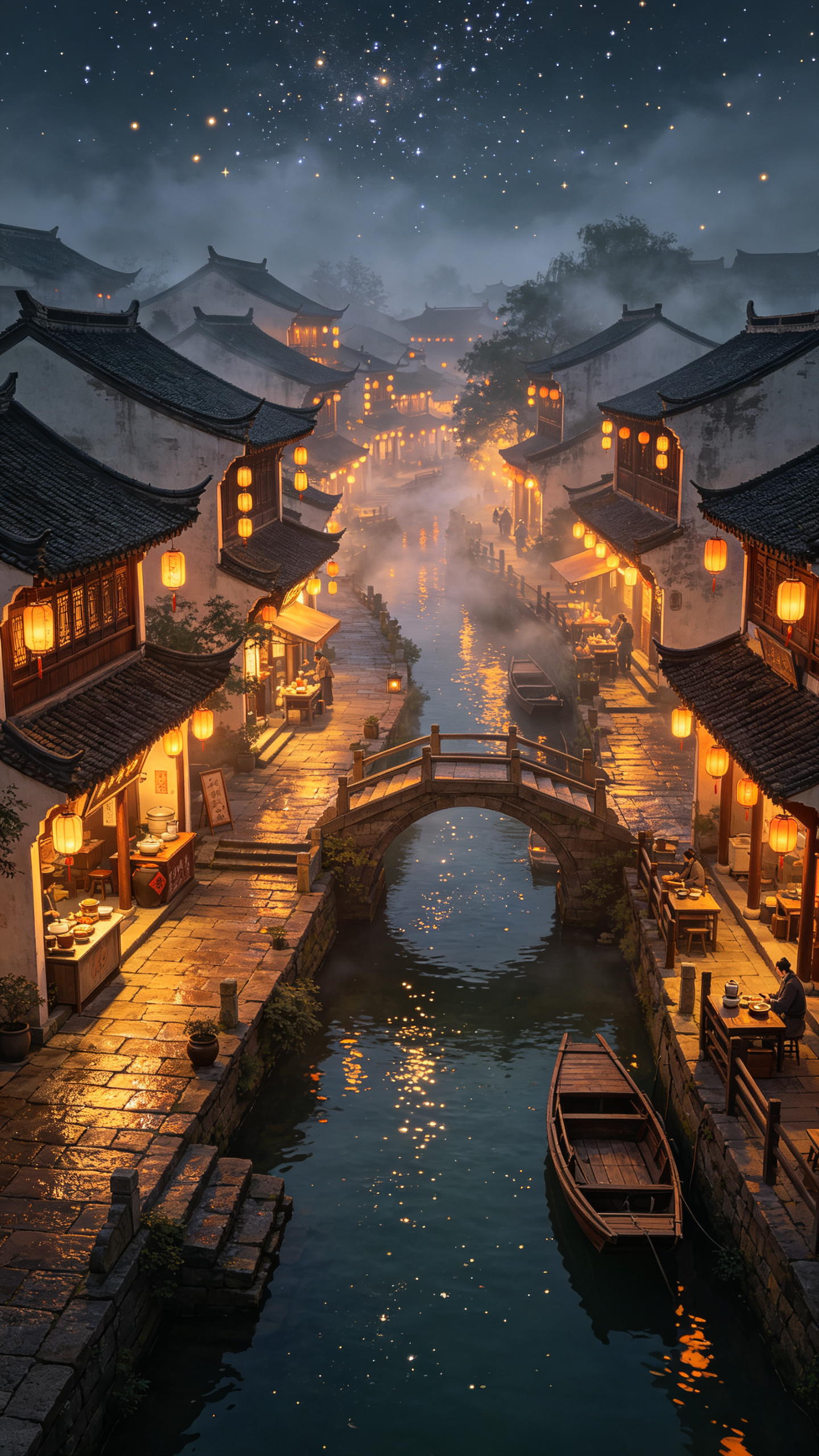 8K超请,虚幻引擎5,国风古风插画 细腻写实,电影级光影,丰富环境细节,柔和自然光影,宣纸质感画框版式干净构图,漫剧场景背景,画质精致无人物畸形,无水印文字,宋代古镇临水长街,蜿蜒青石板路,沿街酒肆茶铺,错落古风灯笼,… - AI提示词参考图，来自西西提示词
