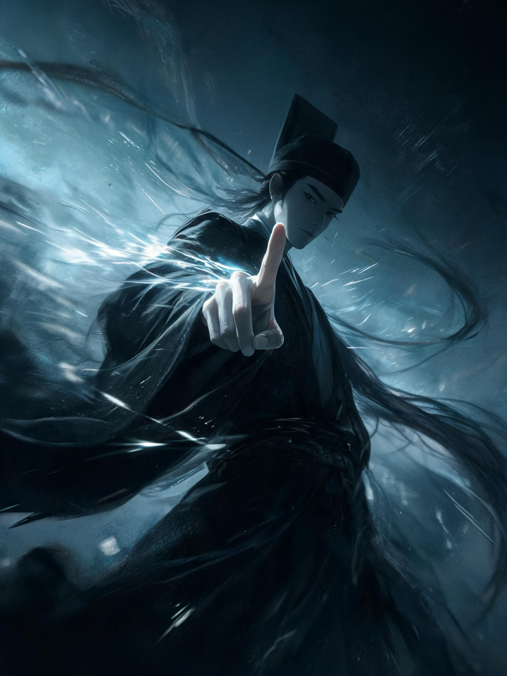 惊悚世界里，狂风撕扯空间。气流顺着指尖奔涌，杀气如实质。冷色调统治画面，超广角镜头强透视拉伸，侧视角将压迫感推至极限。动态模糊拖出残影与速度线，边缘虚化如雾，胶片颗粒在暗部晕染弥散，高噪点叠加过曝的光痕。明暗博弈，勾勒… - AI提示词参考图，来自西西提示词