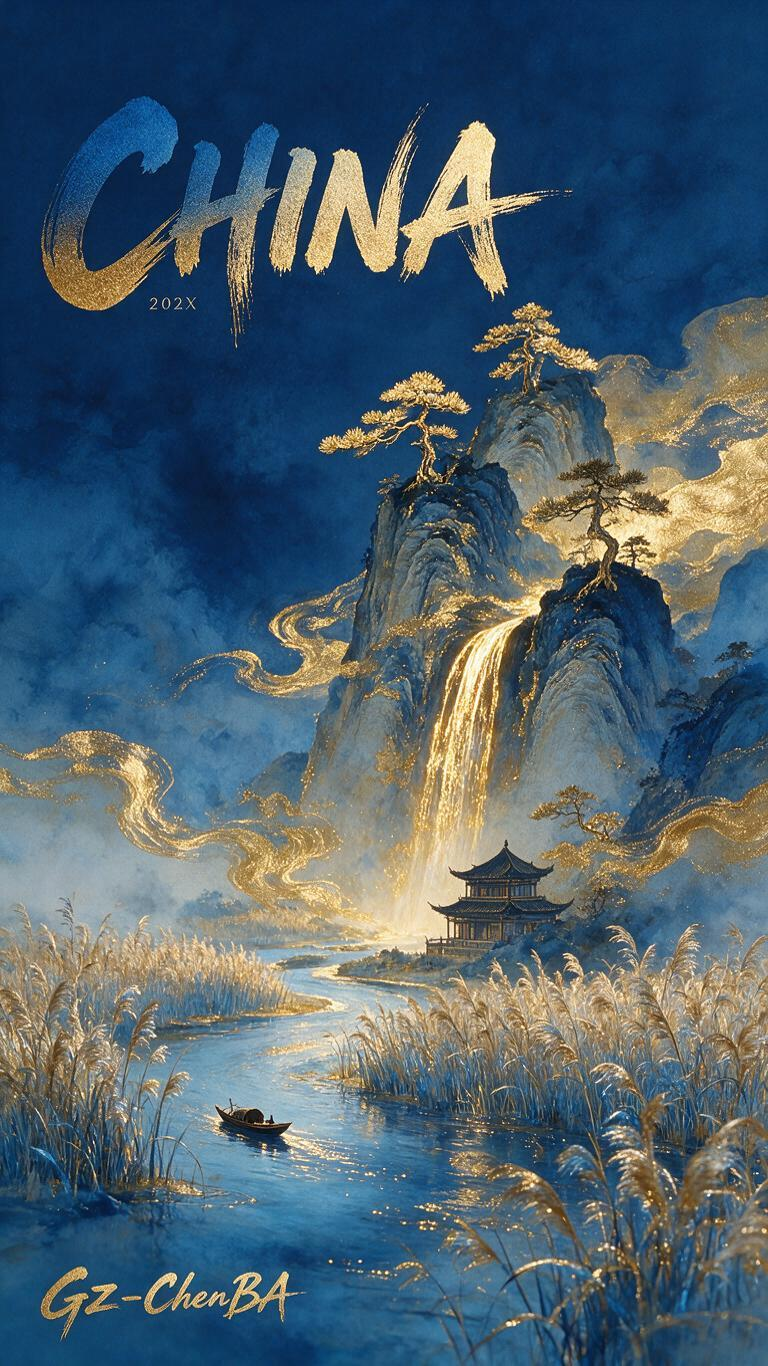 克莱恩蓝，中国刺绣工艺的金银，偏右侧构图，几棵高低不同的金松生长在山顶，金色云雾，金色的瀑布从山体中流向河流中，山下有一栋宋代古阁楼，河流中有一小船和人物剪景，还有一些熙熙攘攘的芦苇荡，烫金，流动的金属液体，质感哑光，… - AI提示词参考图，来自西西提示词
