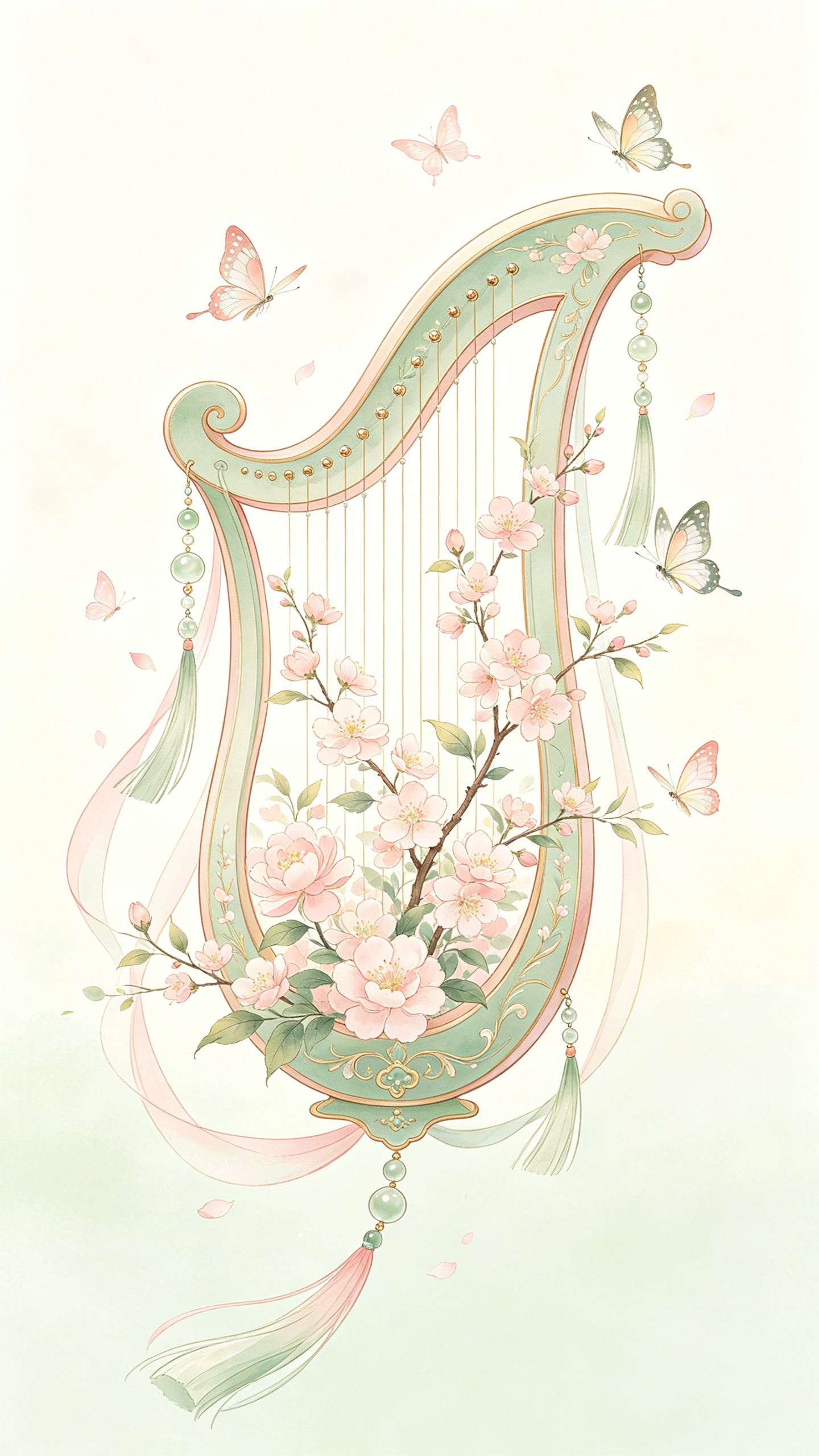 画面以一把箜篌为主体，琴身内部是淡雅的繁花景象，花枝延伸出琴身，几只蝴蝶相伴。画风清新自然，充满生机与艺术感。构图上，古筝居于中心位置，缀有飘逸的流苏和玉坠，整体传达出的优雅治愈氛围。 - AI提示词参考图，来自西西提示词