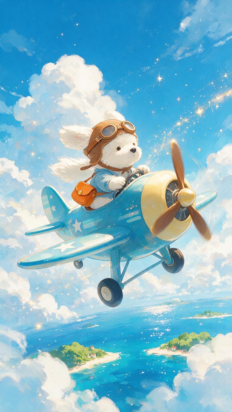 竖版9:16治愈系梦幻插画，一只毛茸茸的白色小狗驾驶圆润可爱的复古迷你螺旋桨飞机，在蓝天白云和湛蓝海面上空飞行。小狗戴棕色飞行帽和圆形护目镜，穿浅蓝飞行夹克，背焦糖色小皮包，耳朵和毛发被风吹起，双爪握住操纵杆。 飞机为… - AI提示词参考图，来自西西提示词