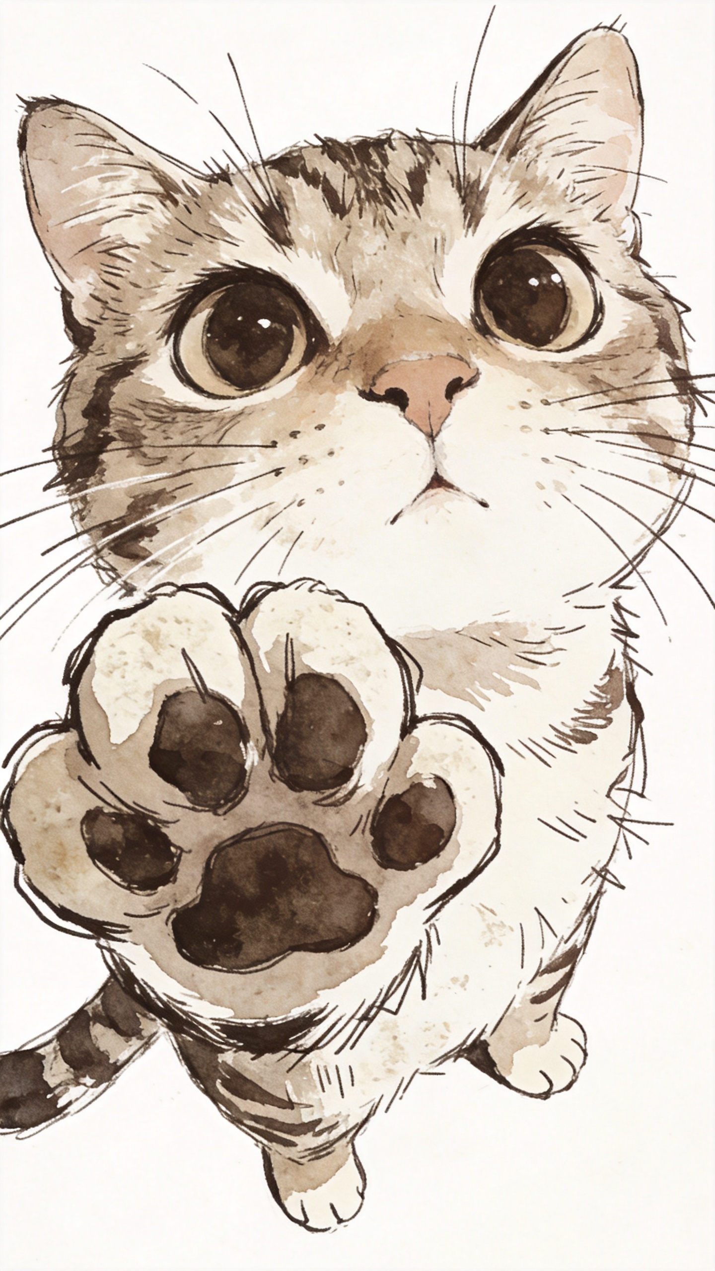手绘风格插画，一只猫咪举手，大眼睛，鱼眼镜头，涂鸦，粗略，极简，杂乱的艺术线条。Q版，诙谐，夸张，插画，水彩平铺。特写，古朴典雅，线条粗犷潦草艺术图形插画，简约风格，大胆版画，石刻，双色调，纯白背景--AR 3:4--… - AI提示词参考图，来自西西提示词