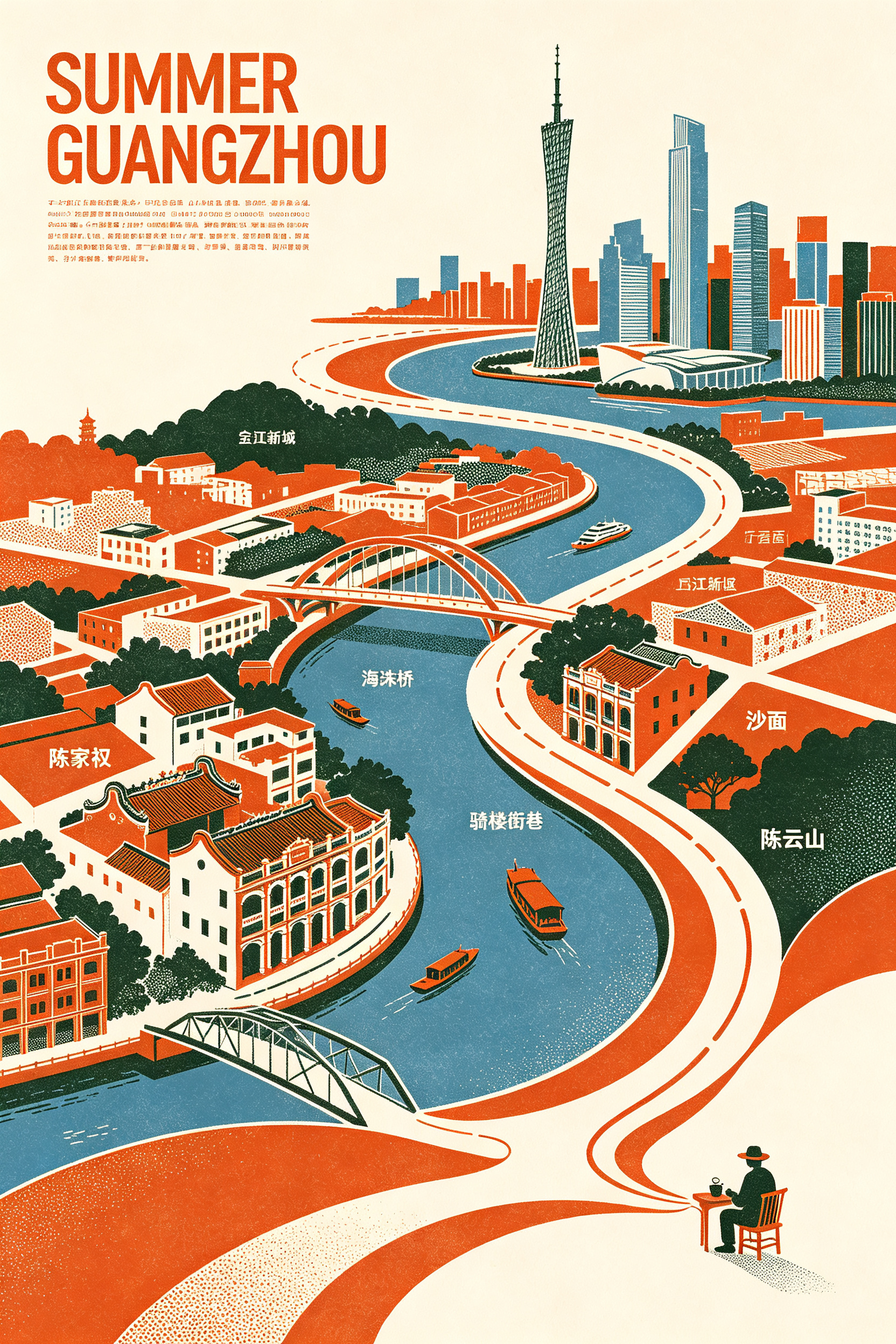 设计一张高级 「丝网版画城市海报 / Screenprint Editorial City Poster」，主题为 广州的盛夏主题。整体视觉采用复古丝网印刷质感、现代编辑版式、城市拼贴与图形化表达，画面具有设计年鉴级别… - AI提示词参考图，来自西西提示词