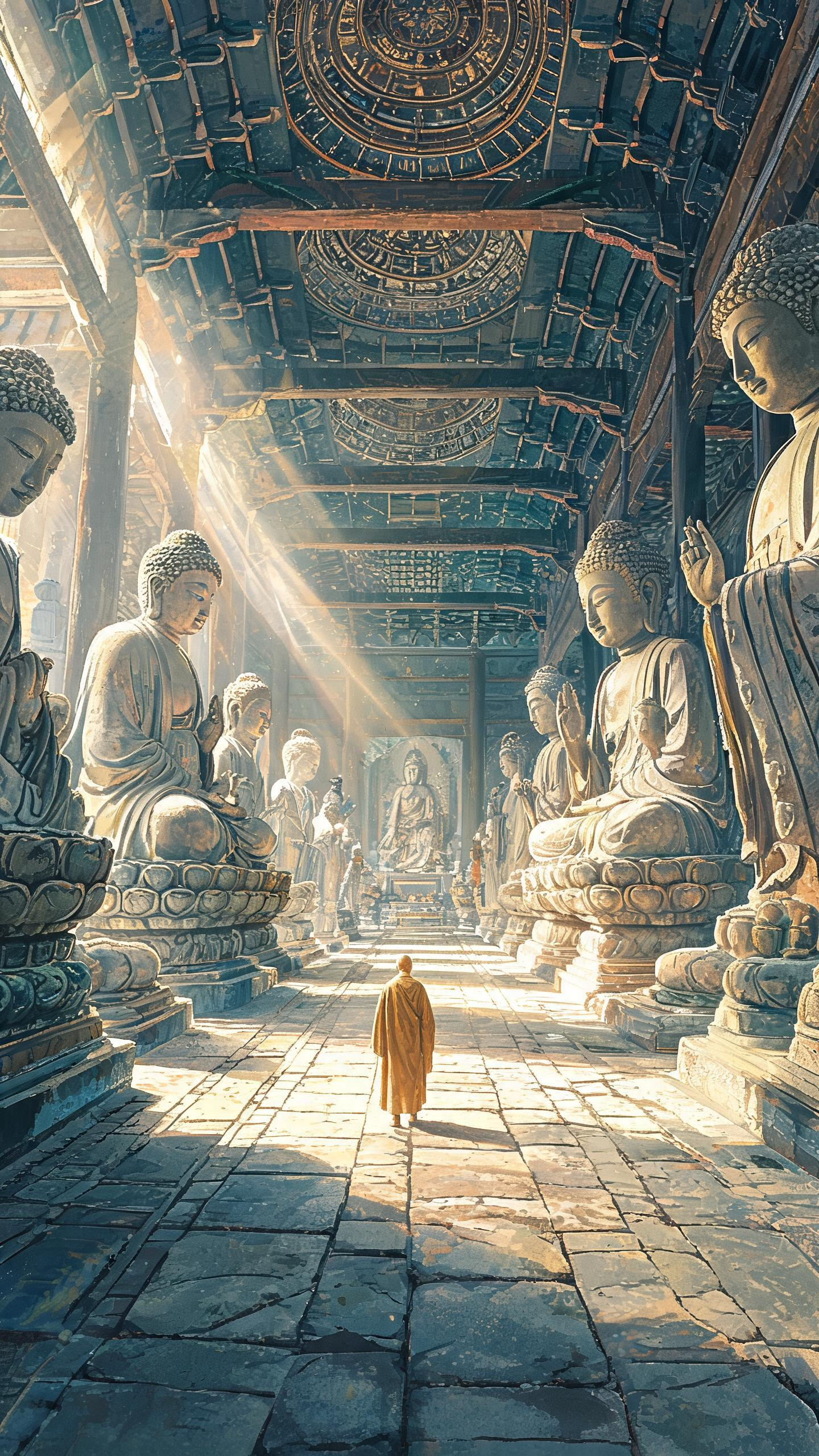 插画，水粉，宫殿般古风佛教内部背景，超强纵深、对称构图，中间一条宽阔石板通道，两侧是两排巨大的形态各异的佛像雕塑。 以超低视角的超广角镜头，镜头靠近僧人，突出超广角的夸张效果，一个僧人站在佛像前的渺小背影，丁达尔光。 … - AI prompt reference from CC Prompt Galaxy