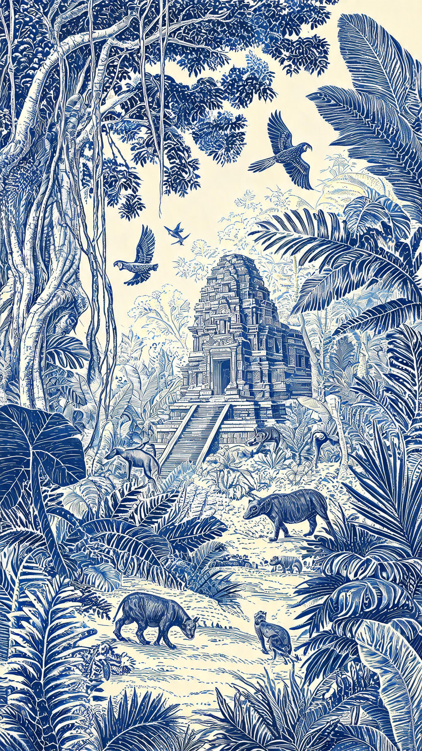 顶级蓝白版画风格插画，极高画质，8k分辨率，线条艺术，装饰性图案，木刻版画质感，密集的平行线排线塑造体积感。 画面主体：一个充满奇幻色彩的赤道雨林场景，包含巨大的植物、形态夸张的树木和叶片、古老的神殿、飞翔的鸟类、以及… - AI提示词参考图，来自西西提示词