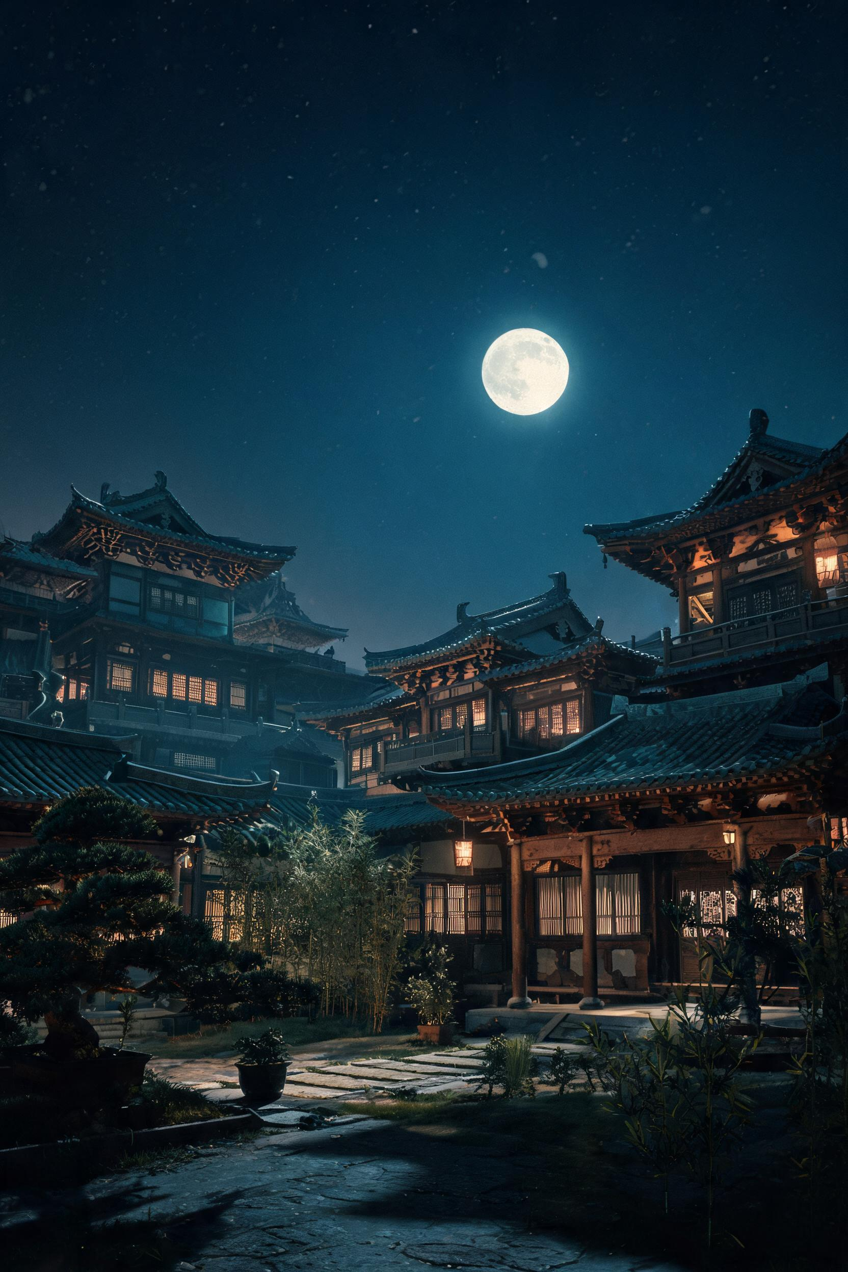古代，电影级古风镜头，夜晚，几座楼阁，很暗，天上一轮明月，下面是院子，电影质感，复古胶片色调，景深虚化，细腻光影，写实古装剧画质，画面无任何文字水印，32K 超清，大师级运镜。景致真实清晰，既视感，强烈的胶片颗粒质感，… - AI提示词参考图，来自西西提示词