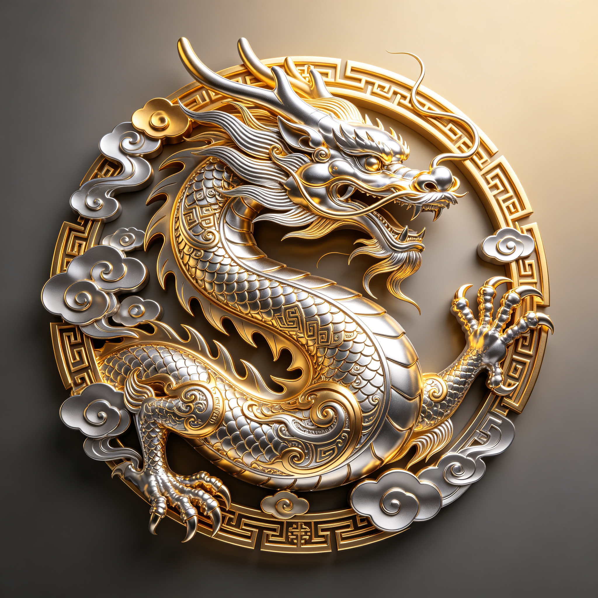 复杂立体龙图腾logo，高维，神圣，精致，金属色龙，各种传统纹样装饰 - AI提示词参考图，来自西西提示词
