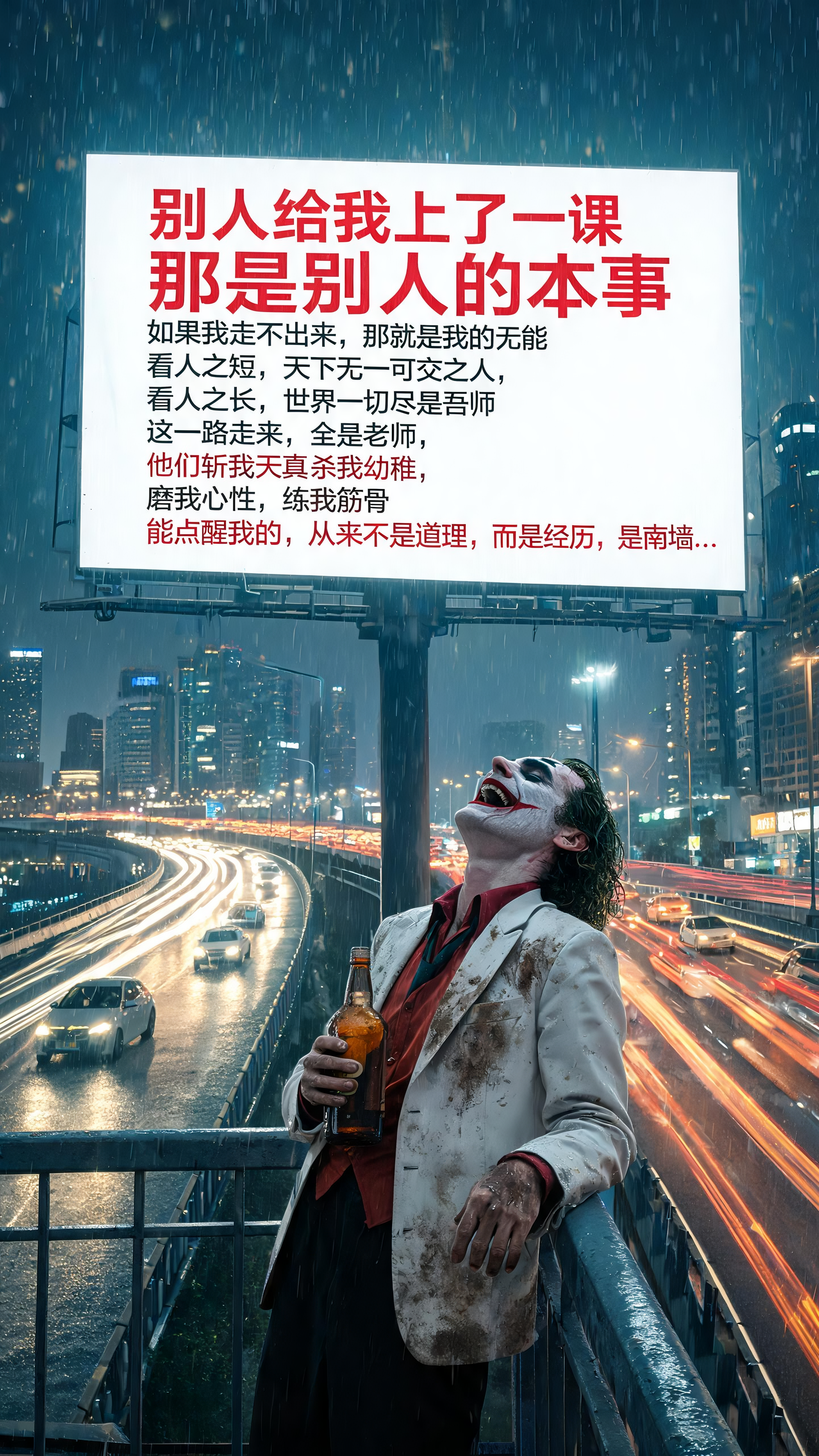 ​帮我生成一张图片，城市快速路上车辆来回穿梭行驶，路边一个巨大的白色的广告牌，一个下雨天，小丑背靠着桥栏杆，栏杆后边是车市快速路，手里拿着一个棕色瓶的酒， 仰天大笑，小丑不要戴帽子，穿着红色的衬衫，白色的西服外套，衣服… - AI提示词参考图，来自西西提示词