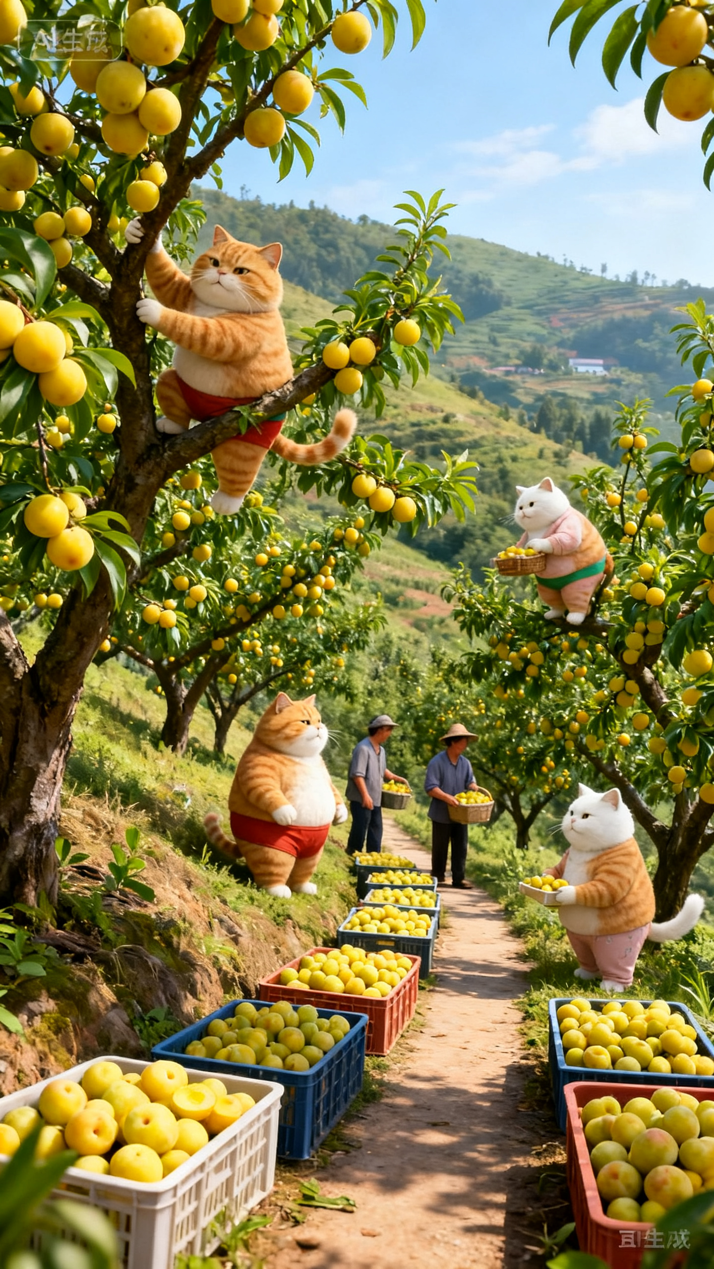 ############农村的山坡上一片浩浩荡荡的蜂糖李果园，上面挂满了黄灿灿的李子，最后面好多村民正在采摘，有的爬在树上有的在树下，间隔1m多，2m。都是拟人化圆滚滚的大胖猫，有白猫，橘猫，树下的小路边还放了好几个框… - AI提示词参考图，来自西西提示词