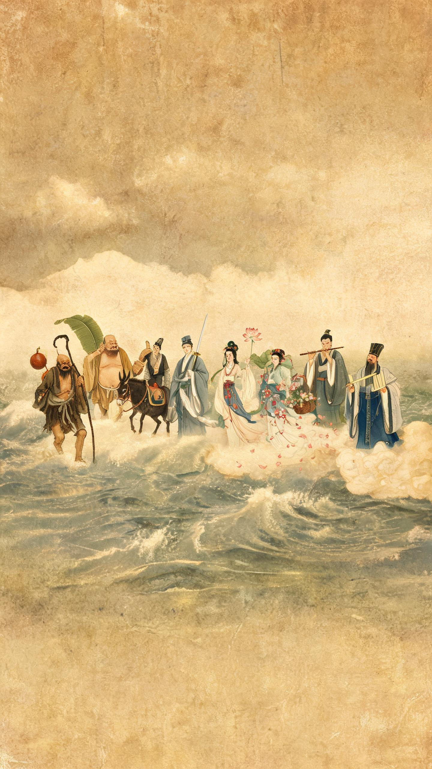 一幅具有古典韵味的人物油画，采用古典厚涂技法，画面呈现出复古黄褐色调，具备胶片电影质感，同时融入宣纸肌理的独特质感滤镜效果，八仙过海 - AI提示词参考图，来自西西提示词