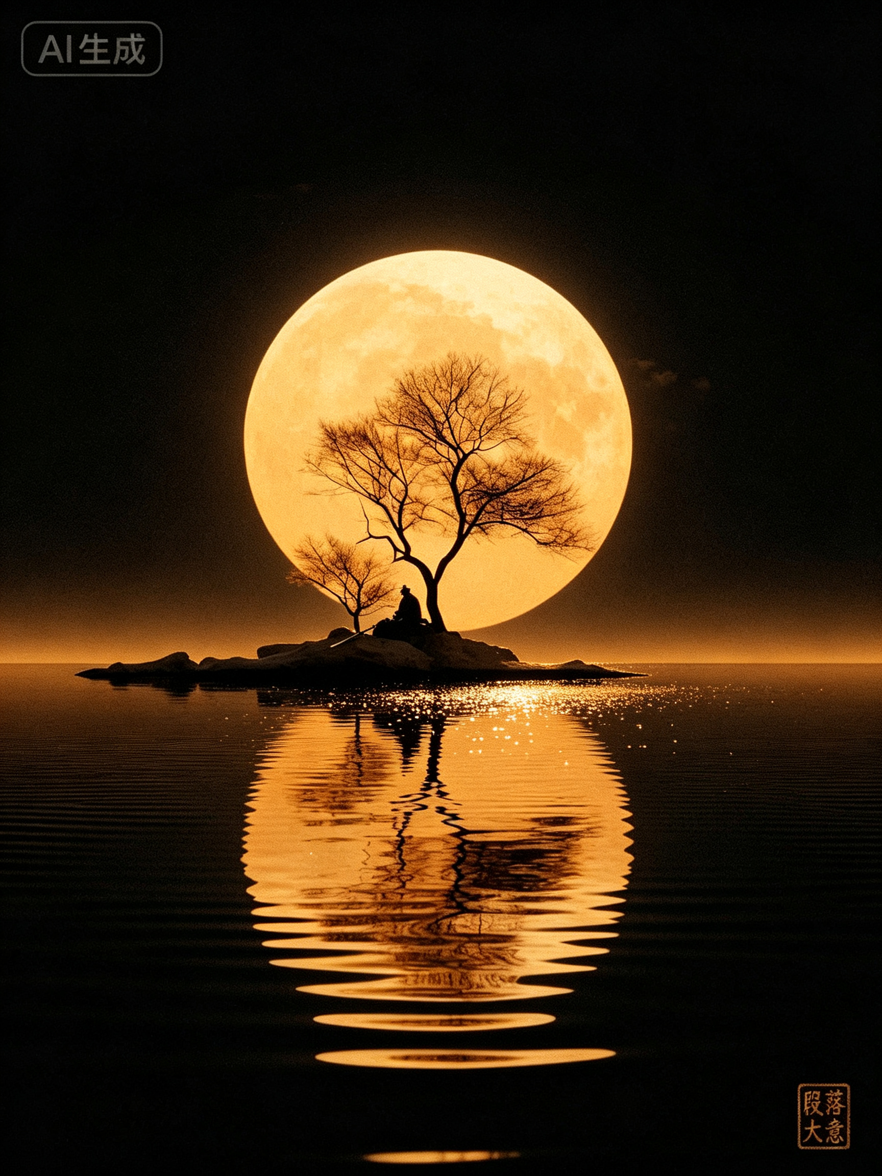 ##东方武侠电影海报，松间夜冷银弱光光影，水平线分割极端极简构图，虚实悟道层次叙事。92%大面积墨黑极致留白，圆形月亮精确位于画面水平中线，圆月与下方湖面倒影形成天然双圆双生形态，剑客极小剪影倚松斜坐仅露出剑柄轮廓，月… - AI提示词参考图，来自西西提示词