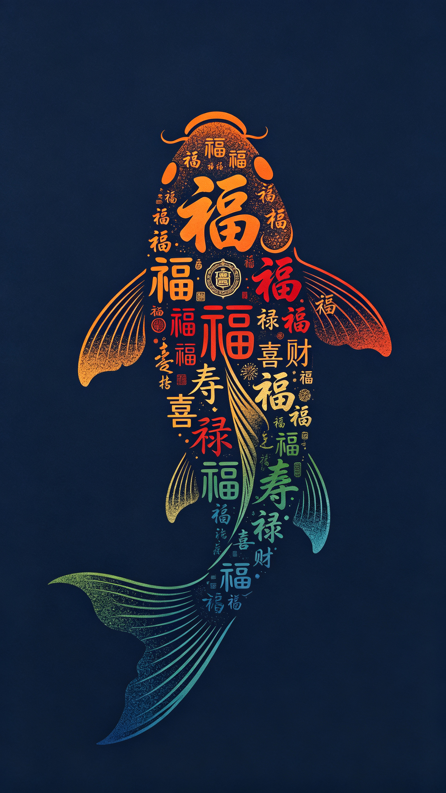 高端文艺商业招贴风格，极简商业美学，沉稳高级，藏青色纯色背景；画面中心打造强烈视觉焦点。锦鲤图形设计稿，线条流畅且富有艺术感，抽象变形，创造出独特的节奏和渐变色彩。画面中央是一个垂直居中的传统中式锦鲤轮廓，锦鲤形态饱满… - AI提示词参考图，来自西西提示词