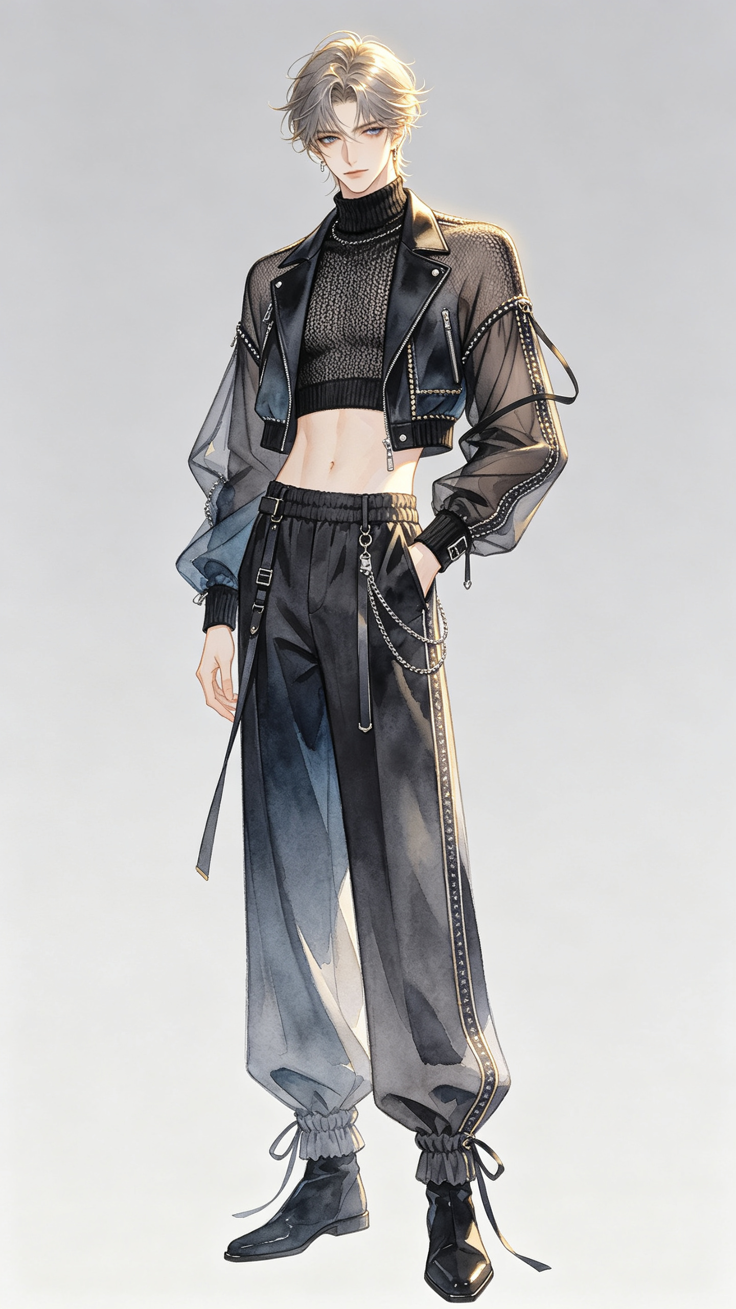 二次元厚涂水彩服饰设计图，9:16竖版，纯色冷灰背景，纤细修长的年轻男性，夸张有张力的站姿，气质华丽克制、优雅灵动。服装设计以针织网纱和涂层面料为核心，上身为半透黑色针织网纱叠穿短款涂层面料夹克，内搭高领窄肩背心，下身… - AI提示词参考图，来自西西提示词