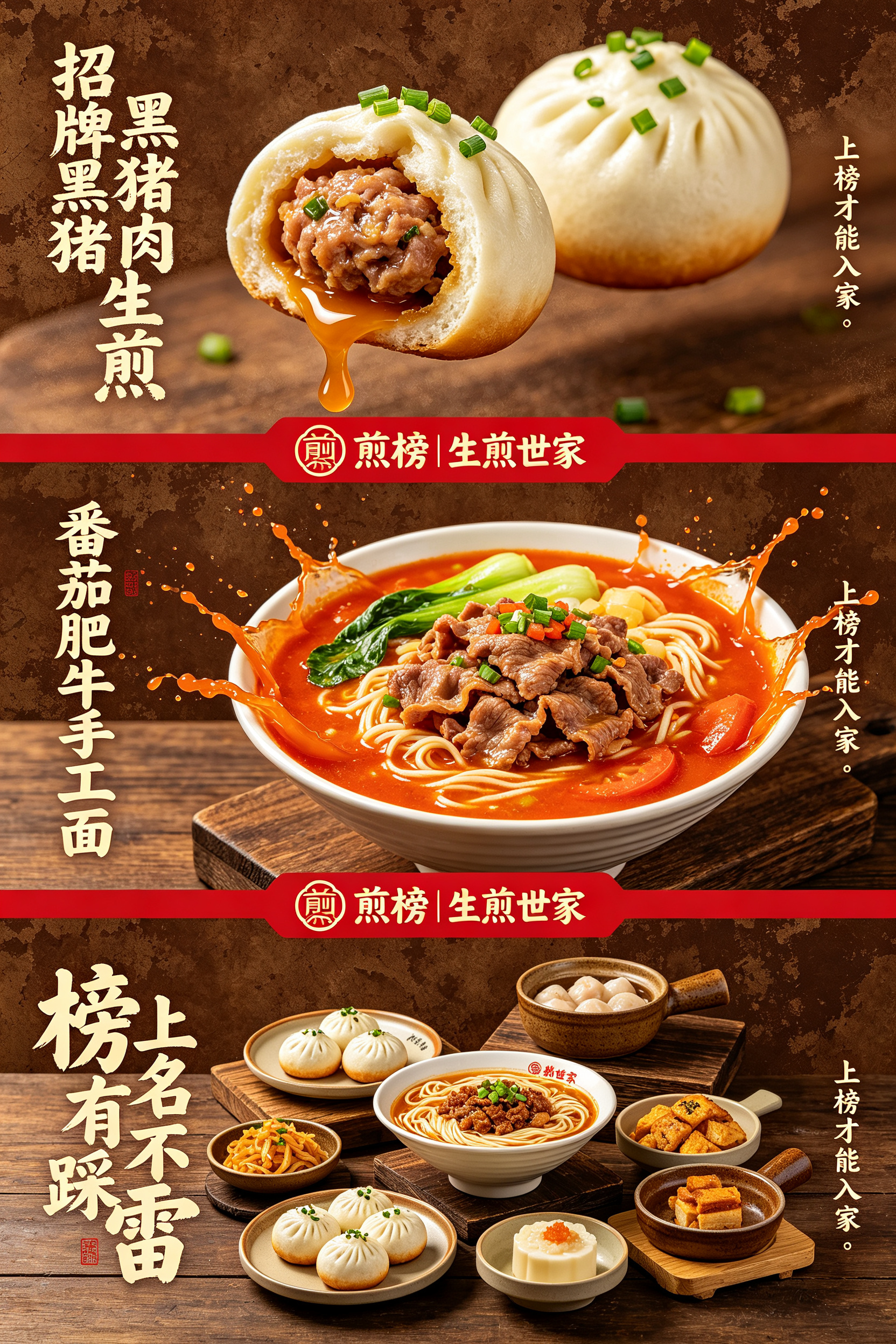 竖版中式餐饮美食海报，三段式排版，复古深棕做旧肌理背景，木纹桌面质感； 第一块：爆汁黑猪肉生煎，对半掰开的生煎包，饱满肉馅流淌鲜汁，葱花点缀，悬浮特写，竖排书法字「招牌黑猪肉生煎」； 第二块：番茄肥牛手工面，红亮番茄汤… - AI提示词参考图，来自西西提示词
