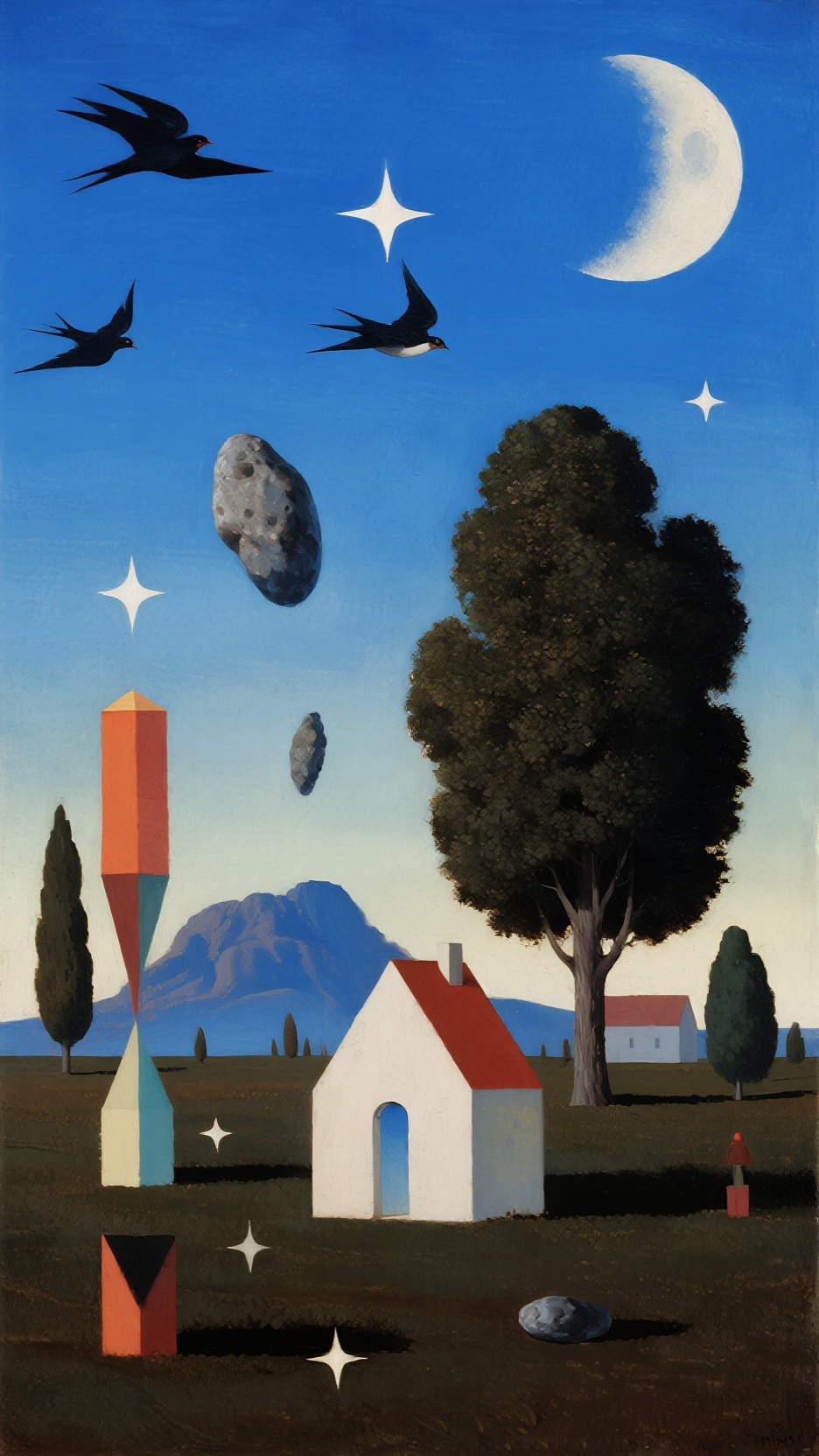 古典画作，抽象氛围，古怪奇异，飞鸟，星星，几何形状，风景，留白构图，大师构图，蓝，圆圆的月亮和陨石，神秘的树，日风 - AI提示词参考图，来自西西提示词