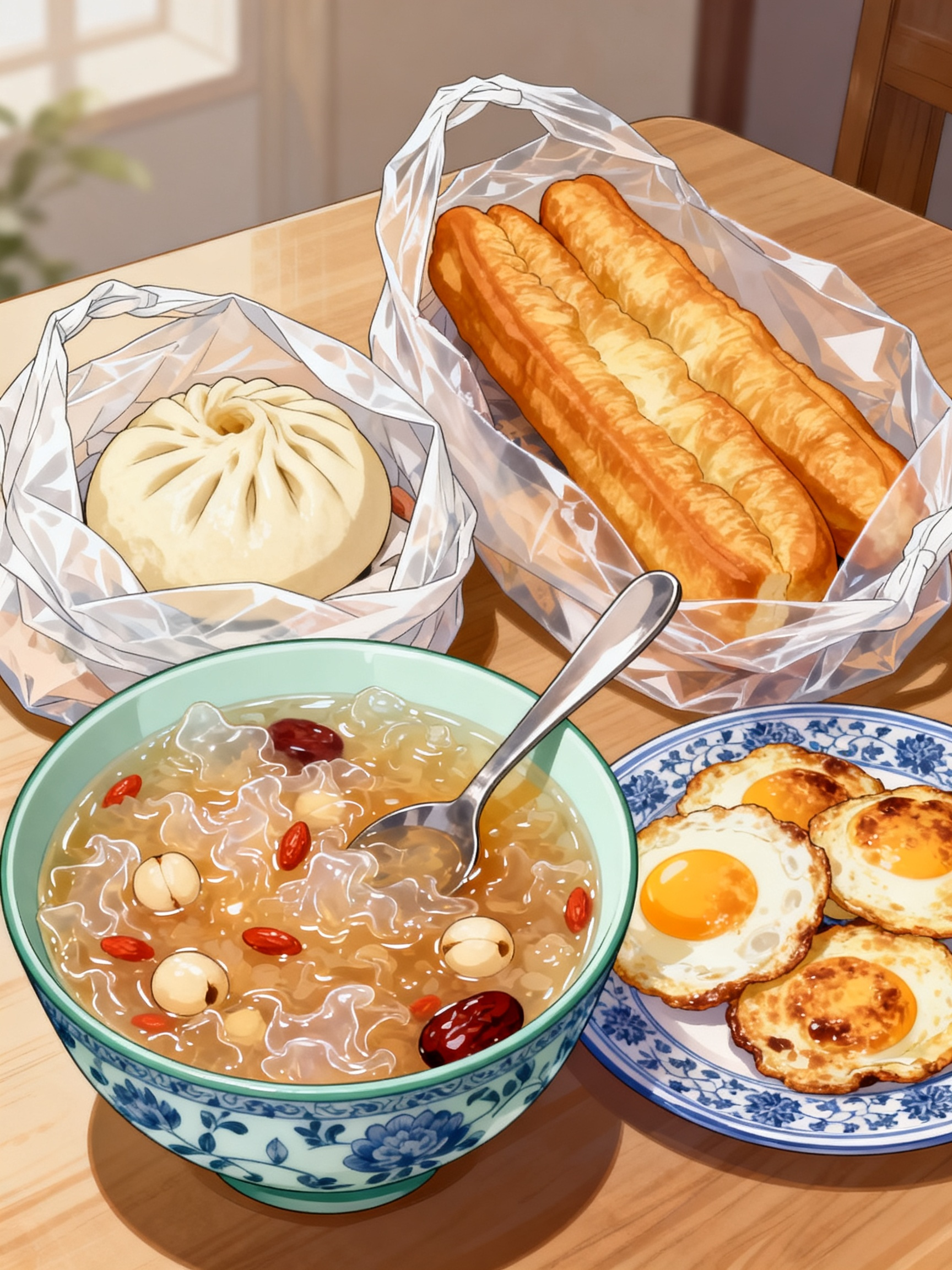 手绘漫画动漫插画，餐桌上放着一塑料袋子（袋子口敞开着）里面装着包子，还搭配了一大碗（青花瓷）银耳羹，胶质感满满、浓稠细腻香甜、隐约可见软糯的莲子、红枣、枸杞，碗里放着勺子；另外一个塑料袋（袋子敞开着）里装着好几根大油条… - AI prompt reference from CC Prompt Galaxy
