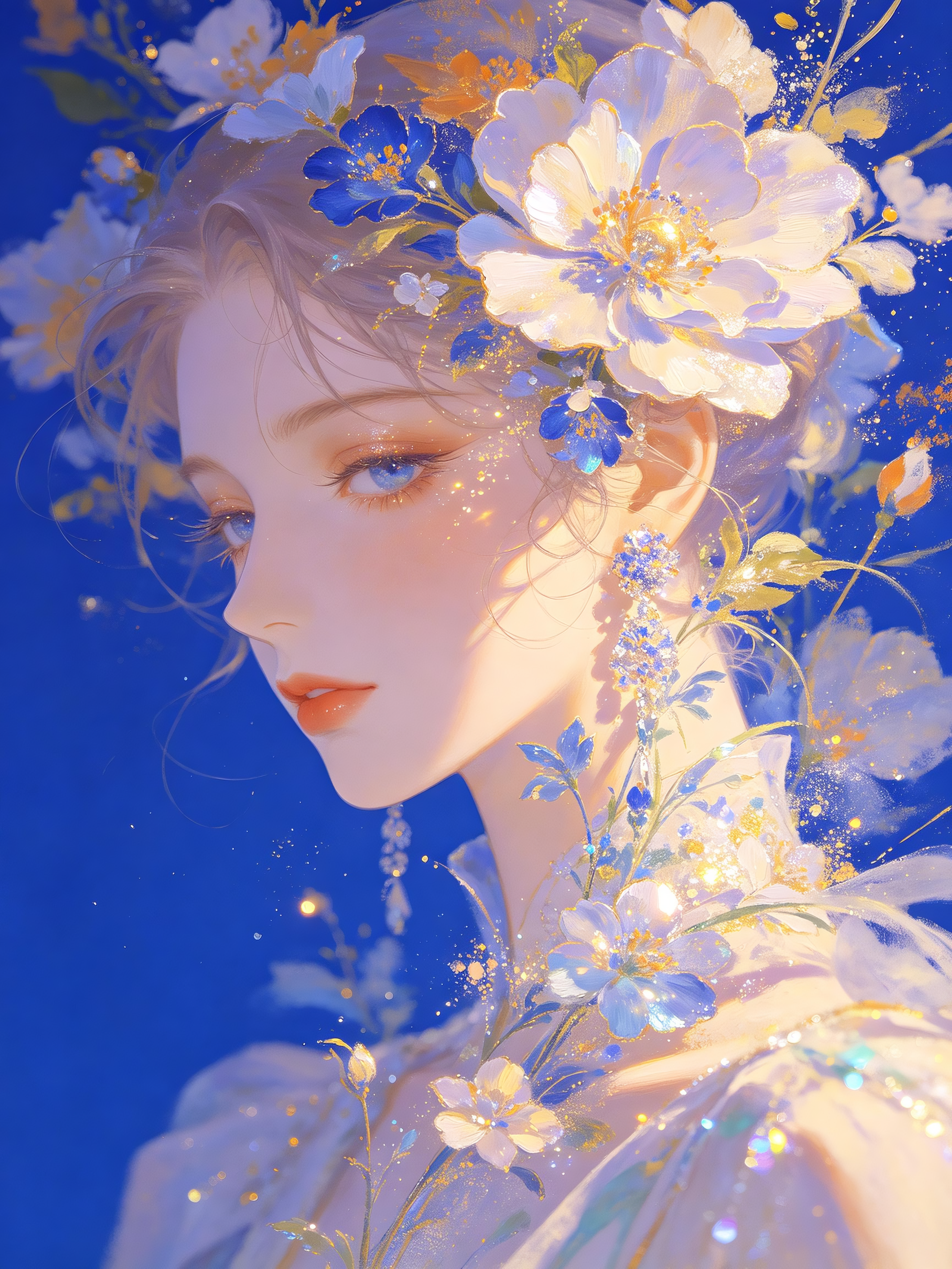 加入3D裸眼效果，完美融入摄影技法+油画技法+3D技法，背景与前景形成鲜明的对比，画面背景是穆夏风格的3D花卉，单一的纯克莱因蓝色，大张力角度+故事感，印象派技法，虚实结合的油画，模糊颗粒肌理，模糊感+颗粒感+肌理感+… - AI prompt reference from CC Prompt Galaxy