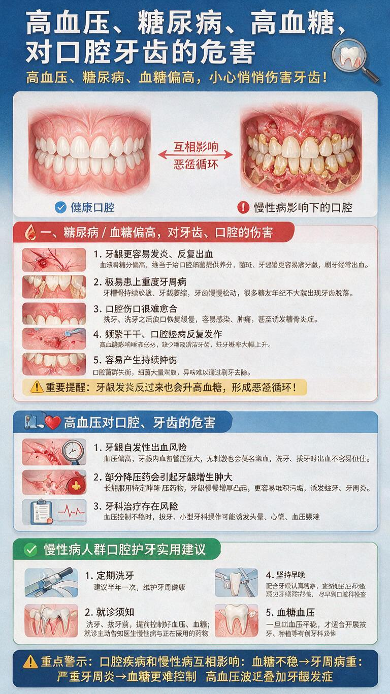 科普海报定稿｜高血压、糖尿病、高血糖，对口腔牙齿的危害 高血压、糖尿病、血糖偏高，小心悄悄伤害牙齿！ 很多人只关注吃药控指标，却忽略慢性病会严重破坏口腔健康 一、糖尿病 / 血糖偏高，对牙齿、口腔的伤害 1. 牙龈更容… - AI提示词参考图，来自西西提示词