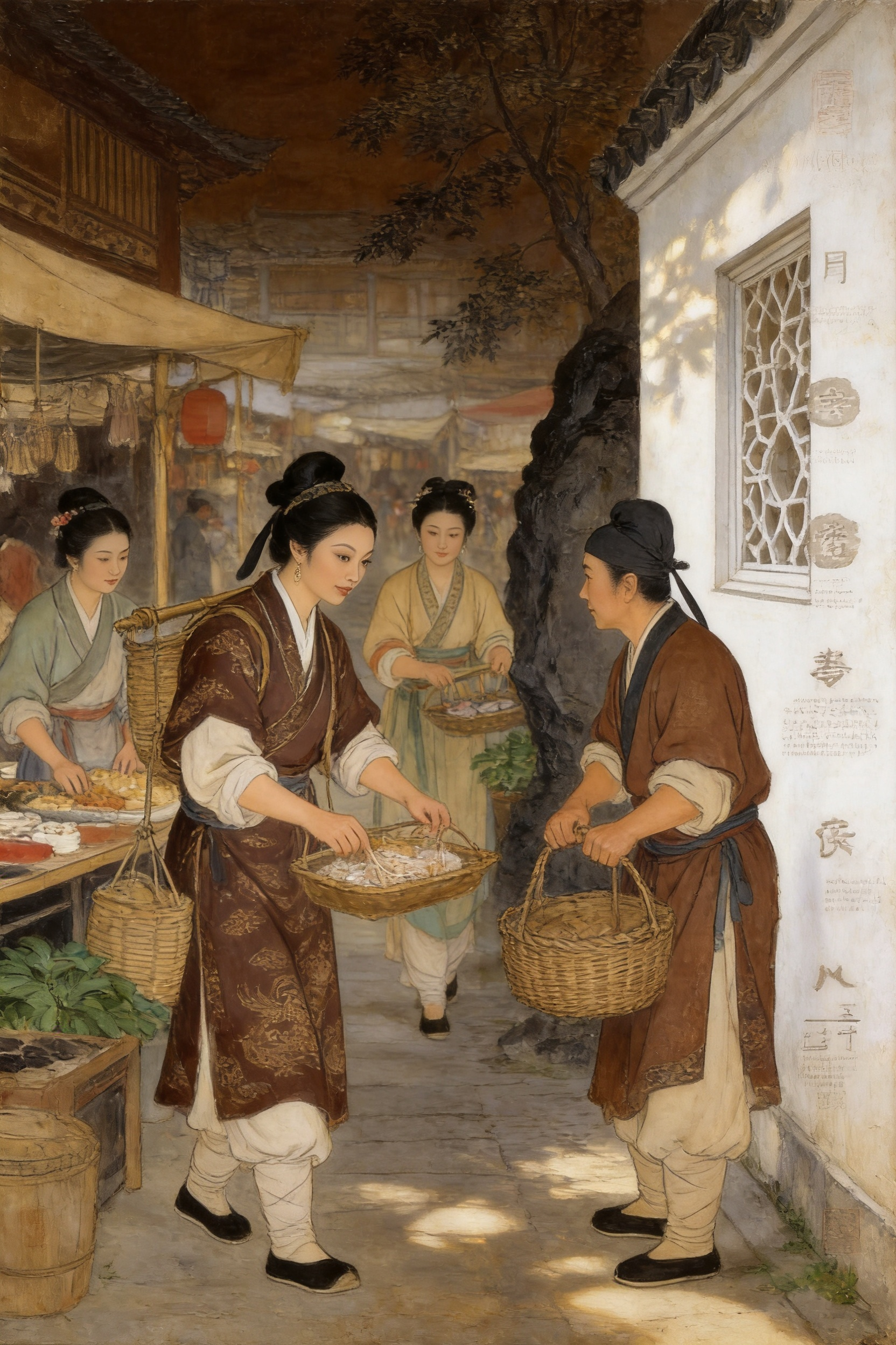 ############北宋时期风格油画暗棕褐色旧版图高清，精细工笔，精细流畅、柔韧有力、充满韵律感。衣纹的勾勒，疏密有致。用色典雅，善于运用对比色，丰富和谐，唐朝时期市井商贩图，自然逼真 - AI提示词参考图，来自西西提示词