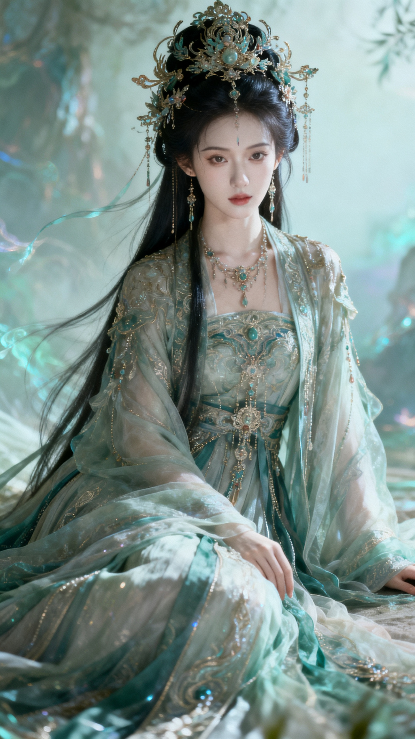 古风图片，美人，汉服，仙侠风格服饰拖地，华丽，细节装饰，披头发，高级感，杰作，古风背景，淡彩，一位美人，真人，有着倾国倾城之貌、皮肤白皙嫩滑，头上戴着繁华的饰品，清冷感 ，梦幻色系，精美繁复服饰配饰，神秘，梦核，高级。… - AI提示词参考图，来自西西提示词