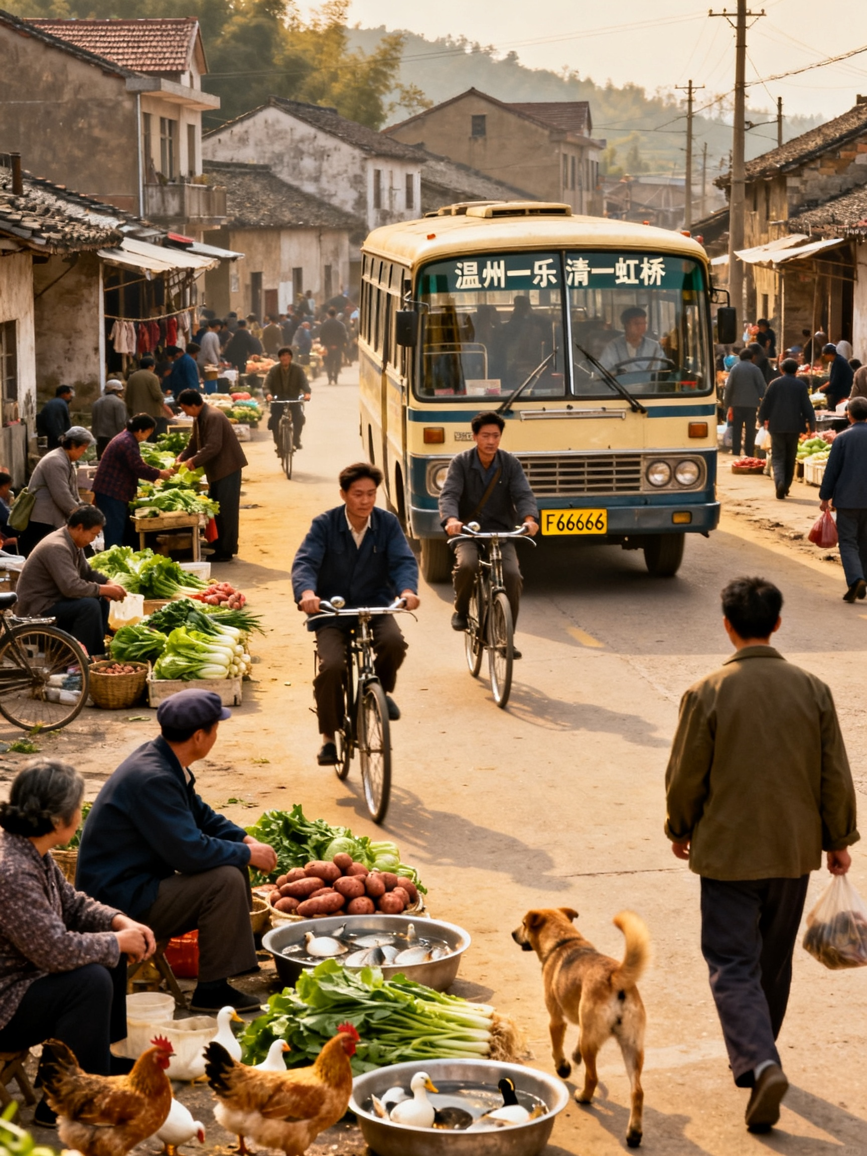 70年代的大巴车行驶在乡村集市，路两旁是商贩，有房子，卖青菜，红薯，卖鸡鸭鱼果蔬，骑自行车的大人很多，狗，路人，车头玻璃写着红色文字：温州一乐清一虹桥，黄底车牌F66666客车慢慢从远而近开来，清楚如电影画面真实影像 - AI提示词参考图，来自西西提示词