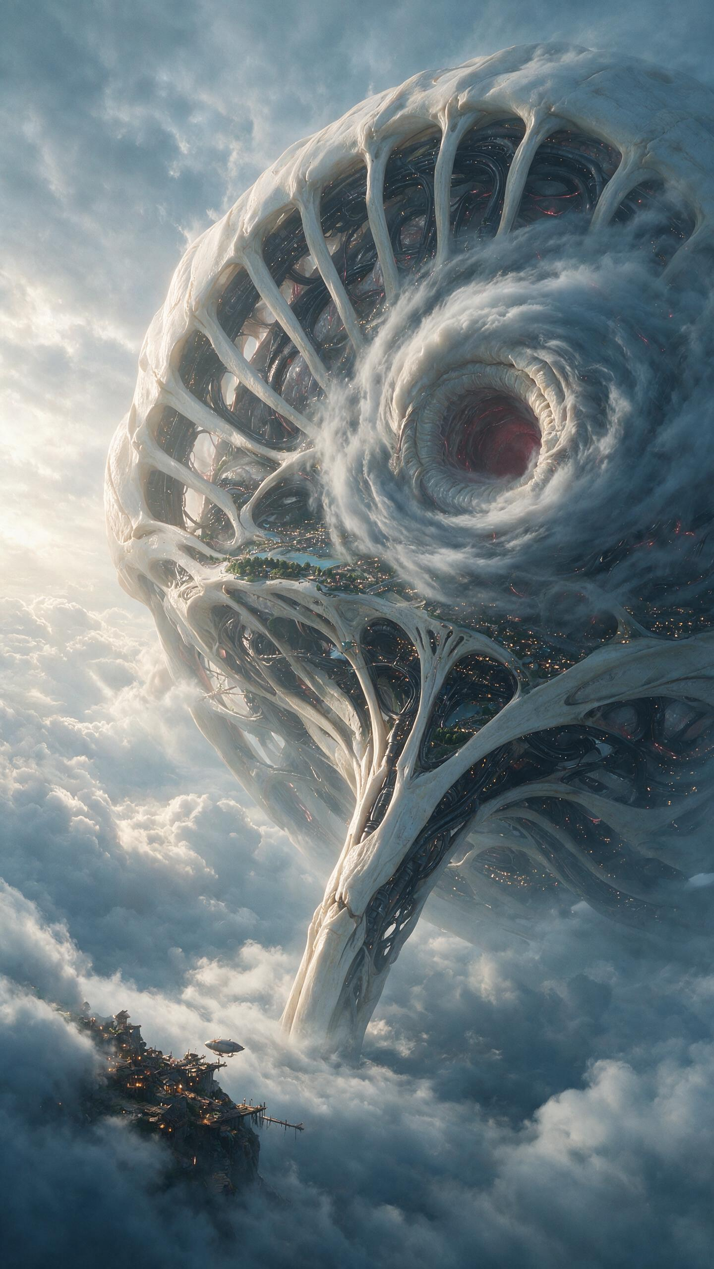 9:16竖版，原创神性生物机械世界巨构，电影级云海文明概念图。镜头位于云海边缘一座极小悬崖聚落，24mm低机位仰视；左下可见极小木石平台、居民灯火和一艘观察飞艇，用于证明尺度。 只有一个无法被画框容纳的活体机械巨构。主… - AI prompt reference from CC Prompt Galaxy