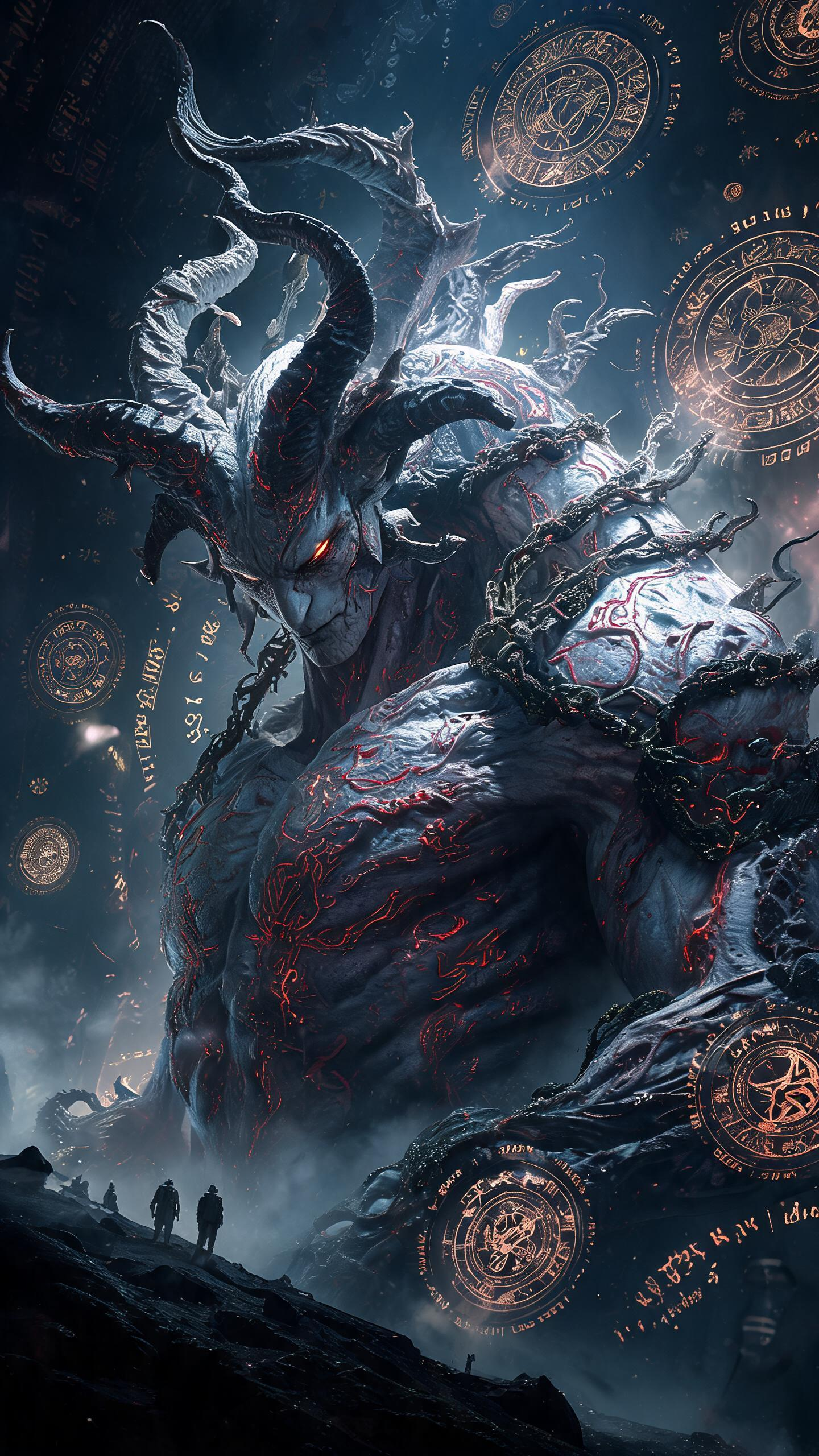 黑化堕神级巨型巨兽，冷调白皮与暗红荧光咒纹，扭曲异化的巨型犄角，周身咒文藤蔓缠绕肌理，躯体遮天蔽日，整片空间布满漂浮的古老咒文法阵，尘埃中有渺小的人物，写实奇幻风格，电影海报格式，充满压迫感镜头，高对比度撞色，高饱和浓… - AI prompt reference from CC Prompt Galaxy