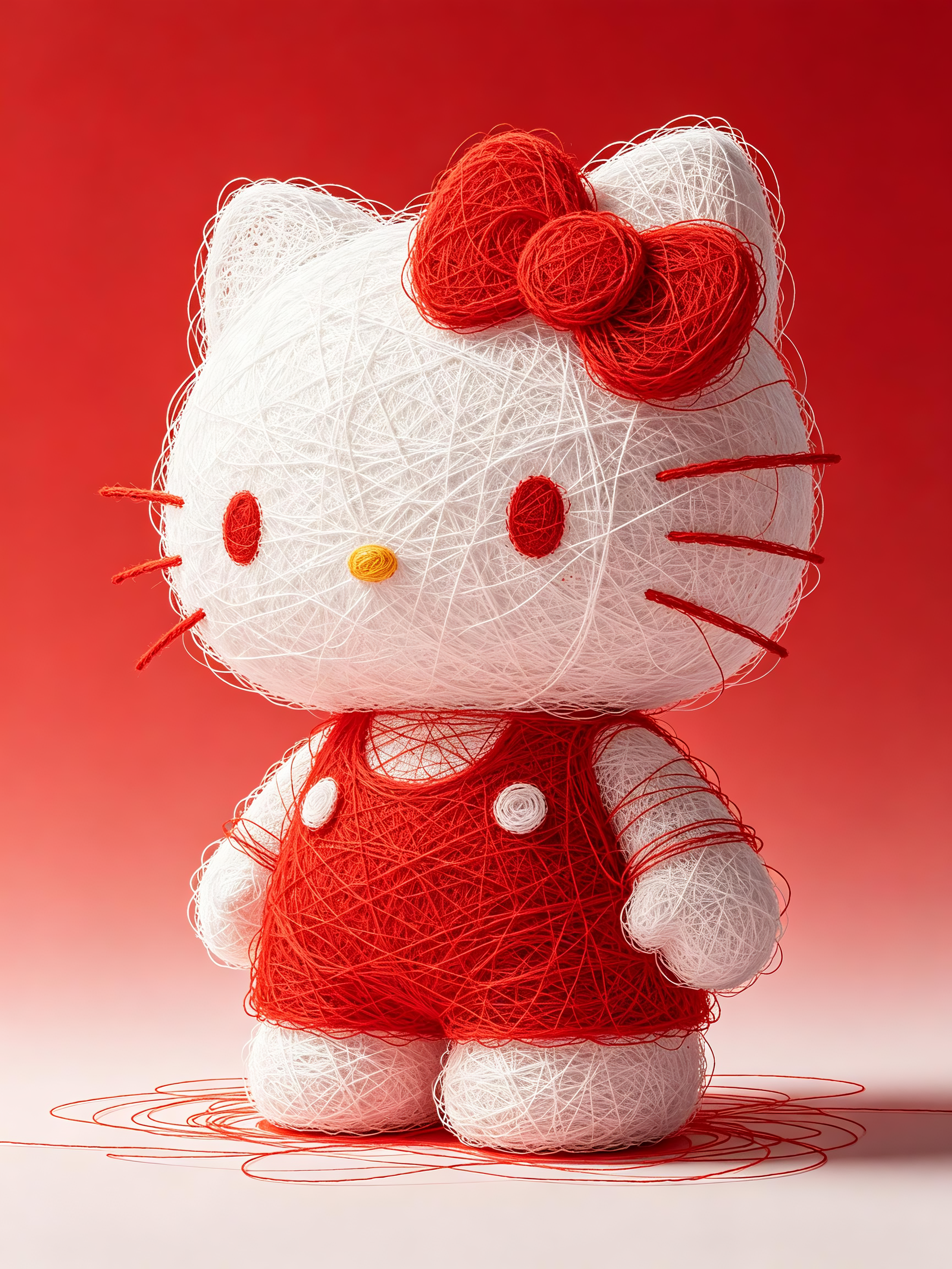世界先锋前卫艺术设计大师杰作，极简抽象海报，陈幼坚风格，3d渲染的抽象创意无数纤细的毛线营造出hellokitty公仔形态，整体色调以纯白色大红色系配色为主，营造纯净简约氛围，丝网印刷的点绘效果突出极简质感。超现实主义… - AI提示词参考图，来自西西提示词