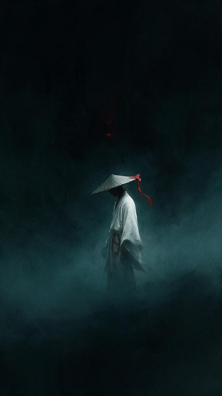 Dan Gartman风格奇幻插画，不对称构图，OC渲染。 画面中仅有一人——一位身形清瘦的国风隐者，立于虚空雾境之中。斗笠压低遮住眉眼，面容完全隐于阴影。一身素色麻质道袍，衣袂自然下垂。腰间挂一串念珠，念珠是暗红色。… - AI提示词参考图，来自西西提示词