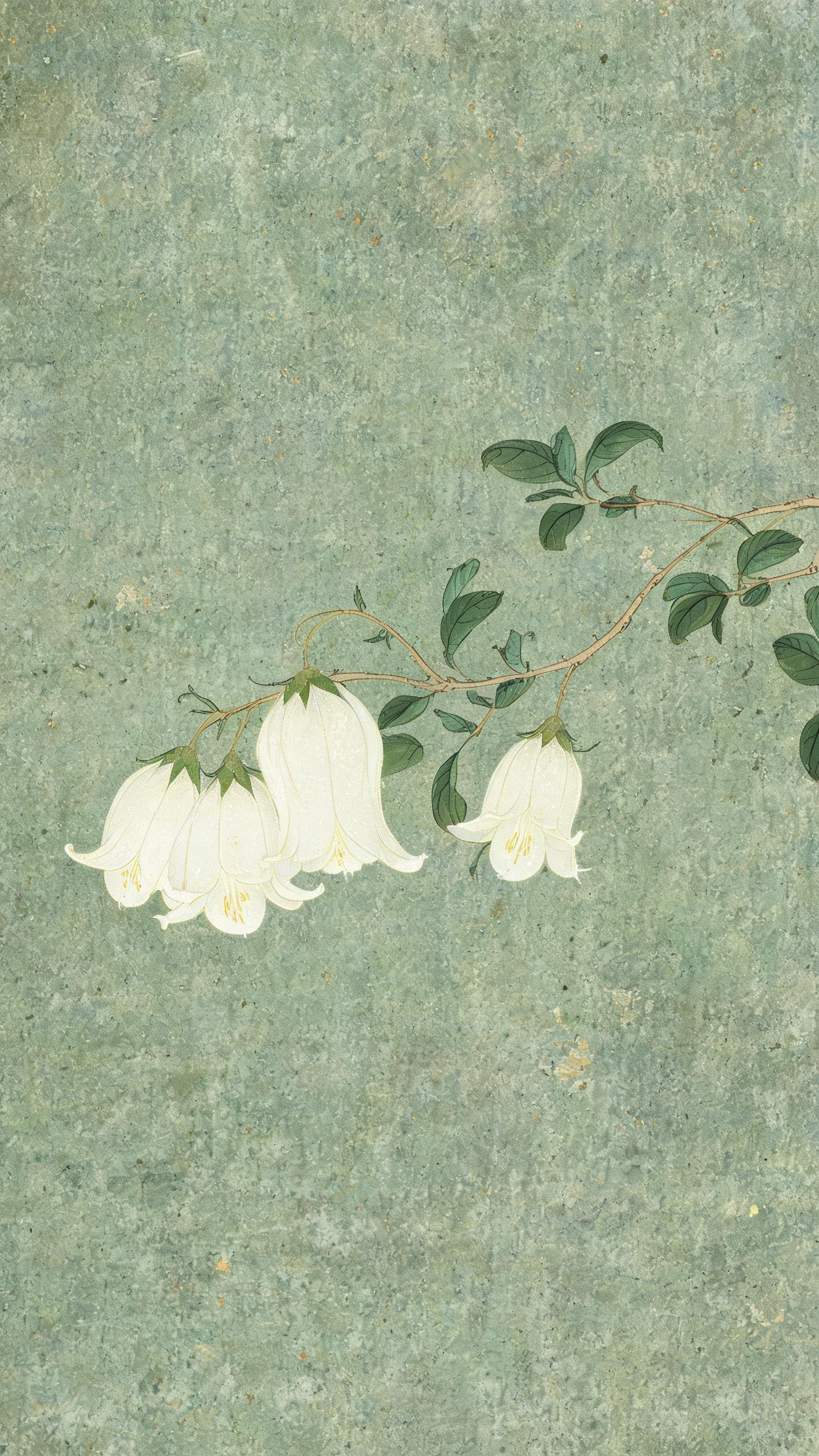 中国传统工笔花鸟画，特写镜头，一枝优雅的白色风铃草，花朵呈钟形下垂，花瓣细腻半透明，花蕊清晰，深绿色细小的椭圆叶片，枝条纤细修长。背景为复古的绿色宣纸材质，表面布满清晰的纸张纤维纹理、杂点和斑驳痕迹，呈现哑光质感。色彩… - AI提示词参考图，来自西西提示词