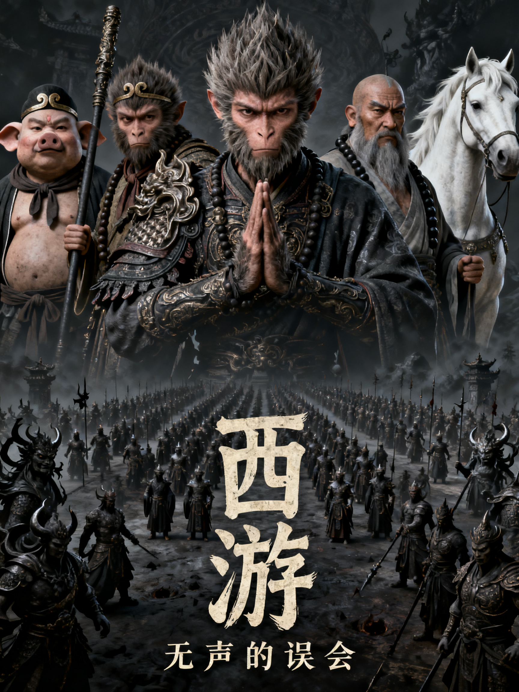 上方以孙悟空、唐僧（居中）、猪八戒、沙和尚，白龙马师徒五人特写，下方为古篆体“西游”字样，黑神话古装电影风格，电影海报，包含神妖军阵的图案，暗黑风，中国神话史诗，8K高清，摄影，OC渲染，3D建模剧名：《无声的误会》 … - AI提示词参考图，来自西西提示词