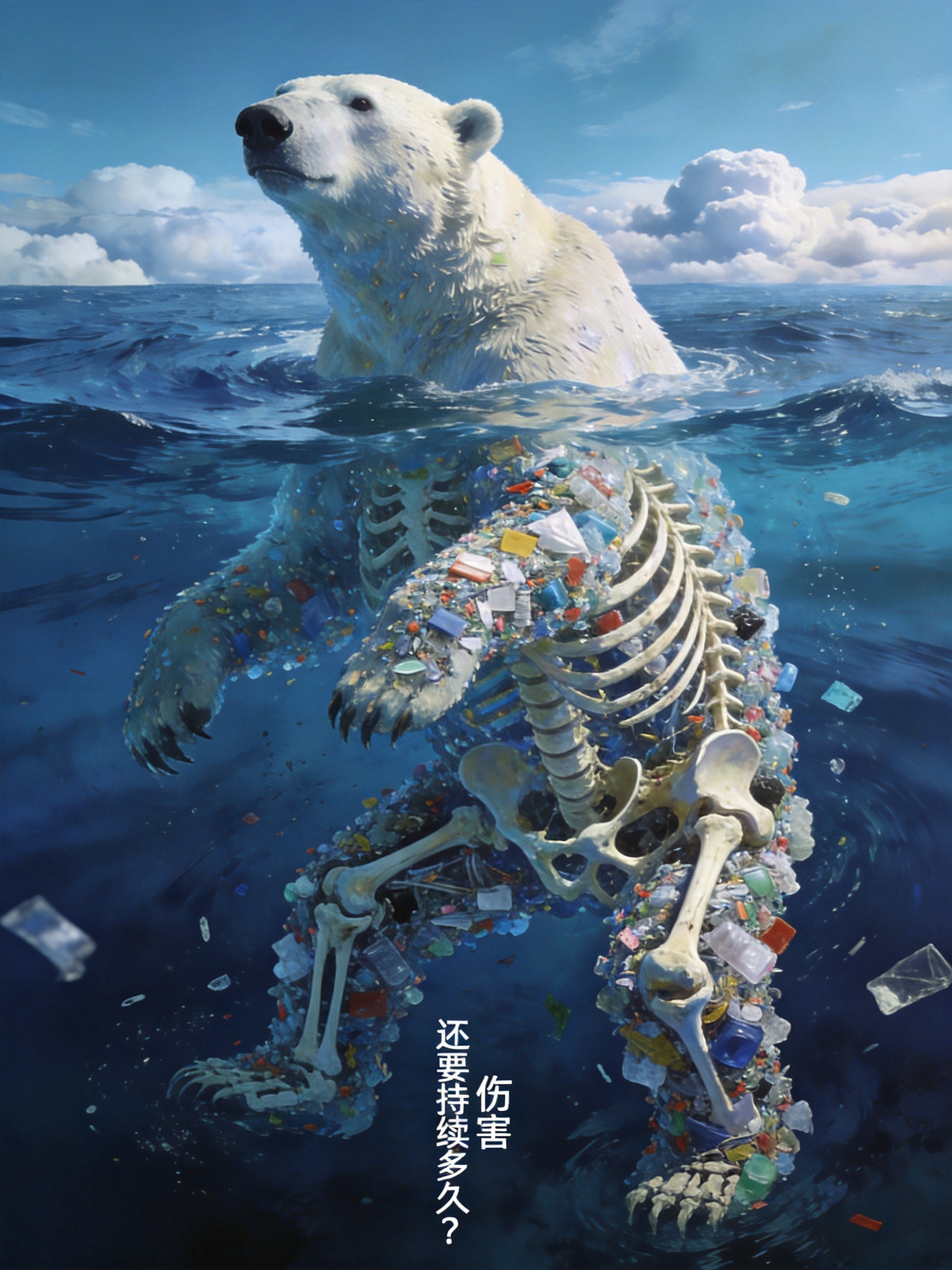 朱莉·梅赫雷图(Julie Mehretu)风格，极繁主义，以大型、动感的密集包围北极熊下半截躯干生活垃圾组合层次丰富的抽象海报，微小密集的塑料垃圾构成的北极熊下半截骨架，北极熊身躯上半截浮出海面，远处有云海，深蓝色色… - AI提示词参考图，来自西西提示词