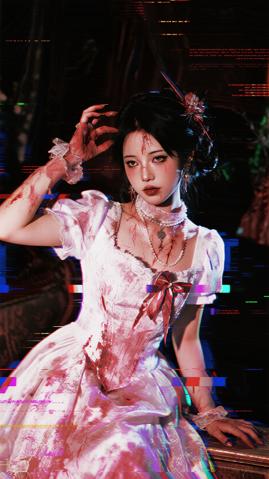水墨cosplay英伦贵妇 赛博数据拟态环绕， 丧尸，僵尸 昏暗 动态模糊， 主体：真实，写真，现实 背景：蒸汽波光影 - AI提示词参考图，来自西西提示词