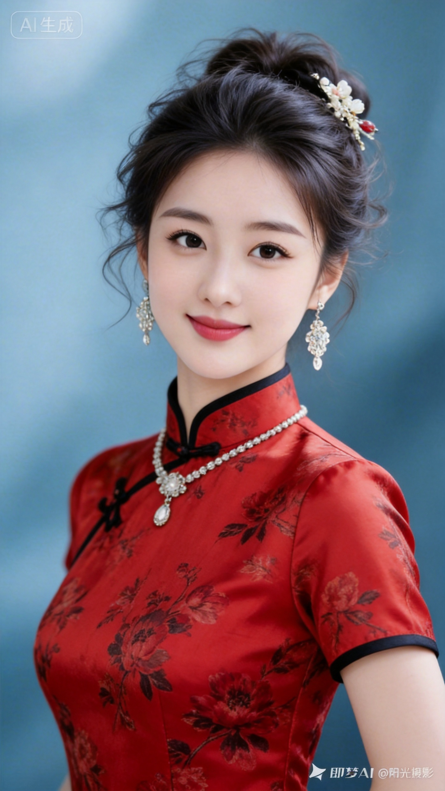 ##绝色美人，肤白貌美，红色短袖黑边印花高档旗袍，色泽鲜艳，盘发微乱蓬松，发饰，端庄大气，微笑，高档首饰， - AI提示词参考图，来自西西提示词