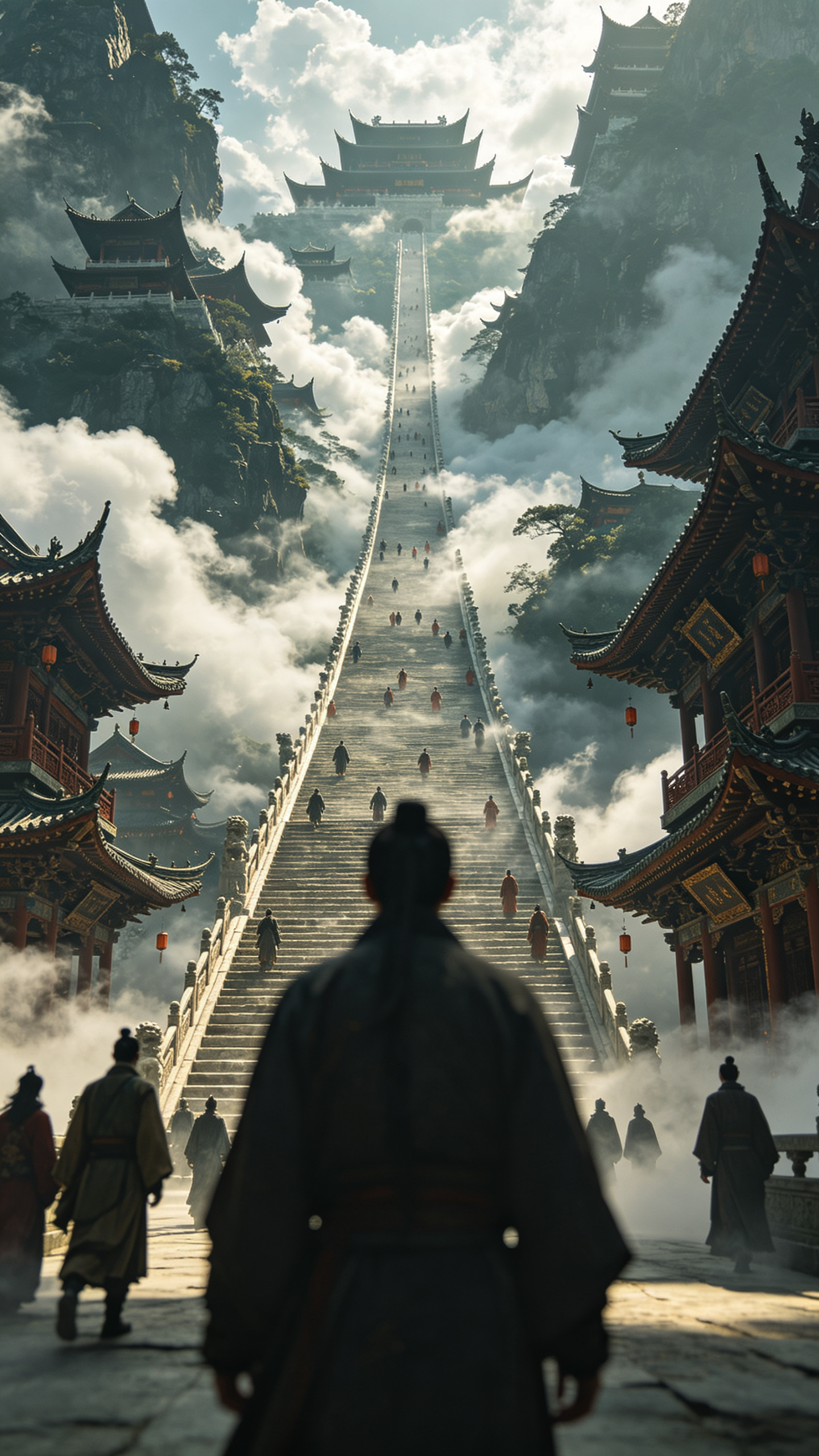 第一人称视角，路人视角，仰视角构图，前景遮挡，充满神秘感且细节繁复的直通天际的云雾长阶古建筑群，恢宏浩荡、极具压迫感的景象。行人点缀。古风奇幻氛围。 电影级写实质感上色，运镜，广角。 - AI提示词参考图，来自西西提示词