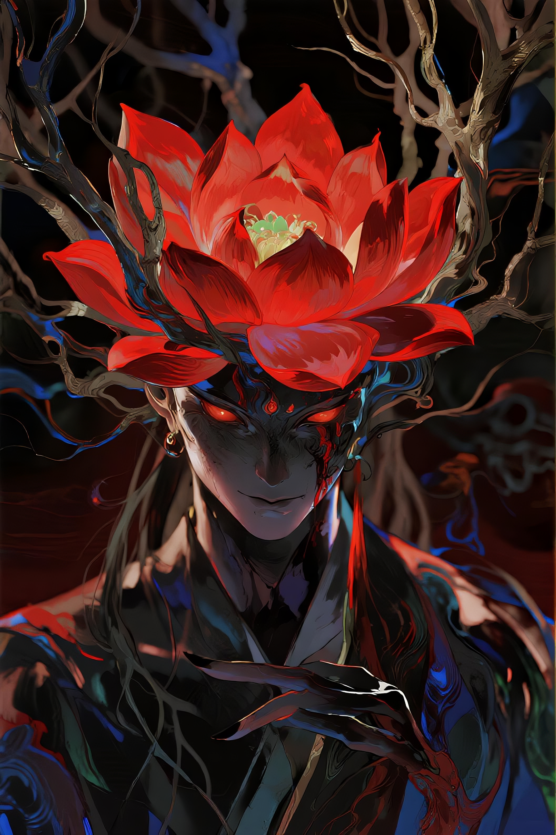 高饱和鸦青一个东方动漫血莲妖花形象，特写，凶煞，戾气，浓烈绯红撞色，抽象流体肌理，动态扭曲对称，繁复根须脉纹缠绕，迷幻视觉冲击，超现实抽象，色彩层次丰富，仙侠风 - AI提示词参考图，来自西西提示词