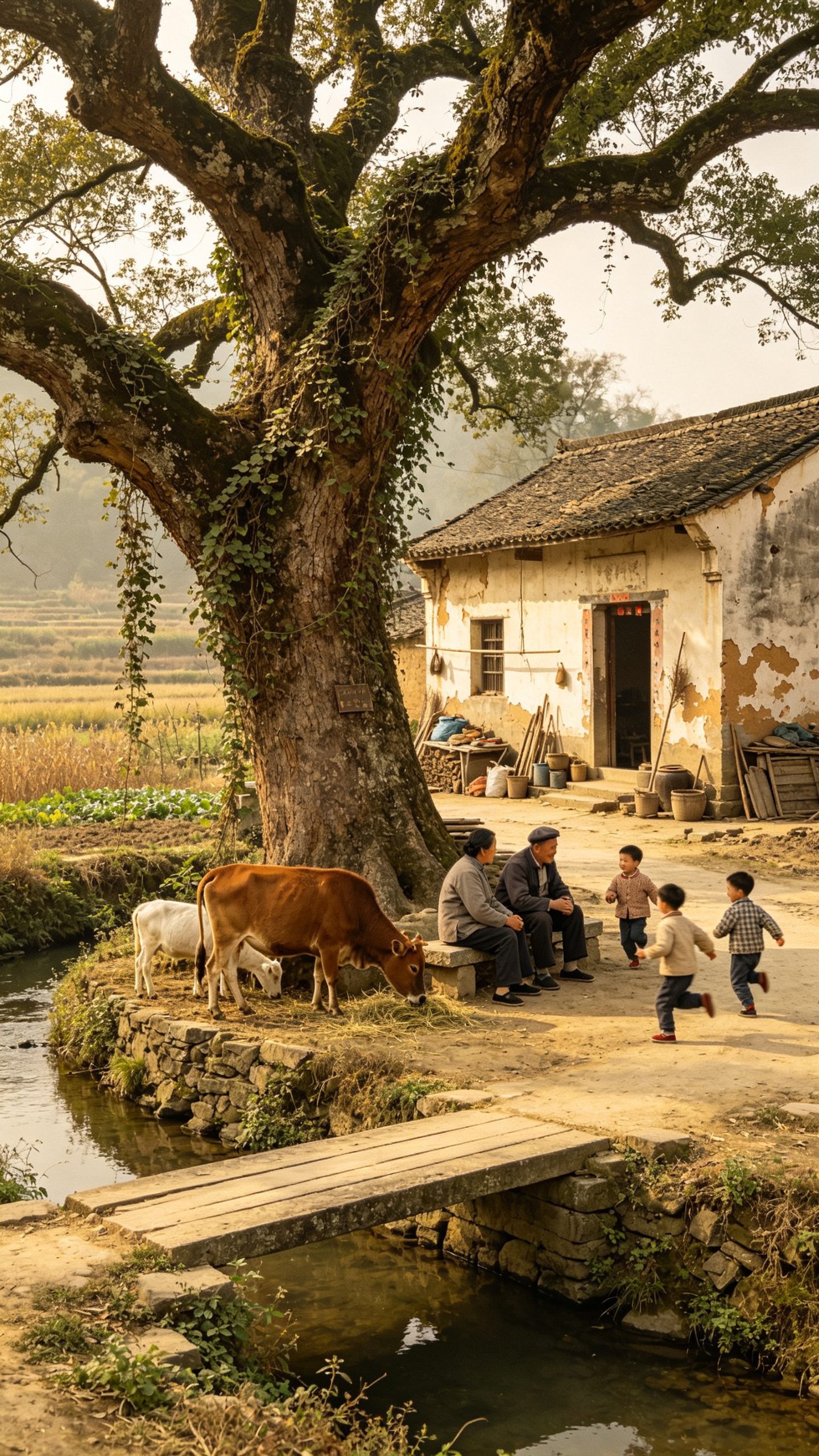 60年代中国农村，光阴的故事，细节拉满，杂物，农具，杂草，藤蔓，古树，小桥，田园，农舍，牛羊，村民，儿童，欢声笑语，低保和色调，岁月痕迹，村口。 - AI提示词参考图，来自西西提示词