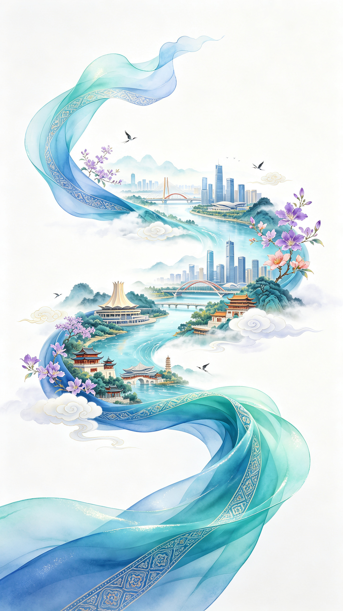 国潮新中式轻盈淡彩水墨风格，S型流动构图，双重曝光效果。纯白背景，正挥舞着一条长长的亮蓝到亮青色渐变色丝绸舞带，半透明绸带有精致的传统壮锦纹路光泽，丝绸质感柔顺飘逸，在空中向左上方飘动，奇幻地变形成一条蜿蜒的山水河流。… - AI提示词参考图，来自西西提示词
