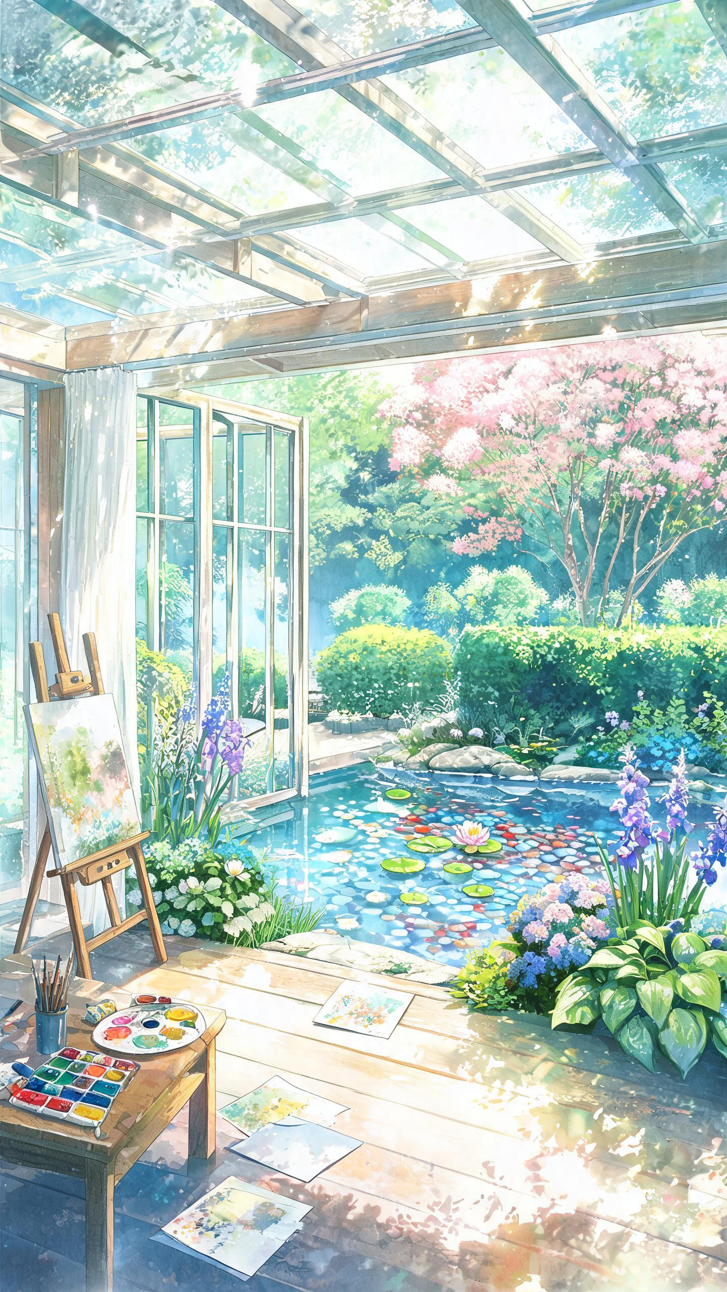 细节繁复的16K插画，融合新海诚透明感与水彩淡彩，纸纹与湿润效果显著。画面为一间被花园环绕的玻璃顶画室，画室是浅木色结构，大窗户敞开。窗外紧挨着一个不规则形状的水池，池水清浅，铺着彩色卵石，几株睡莲正开花。水池边生长着… - AI提示词参考图，来自西西提示词